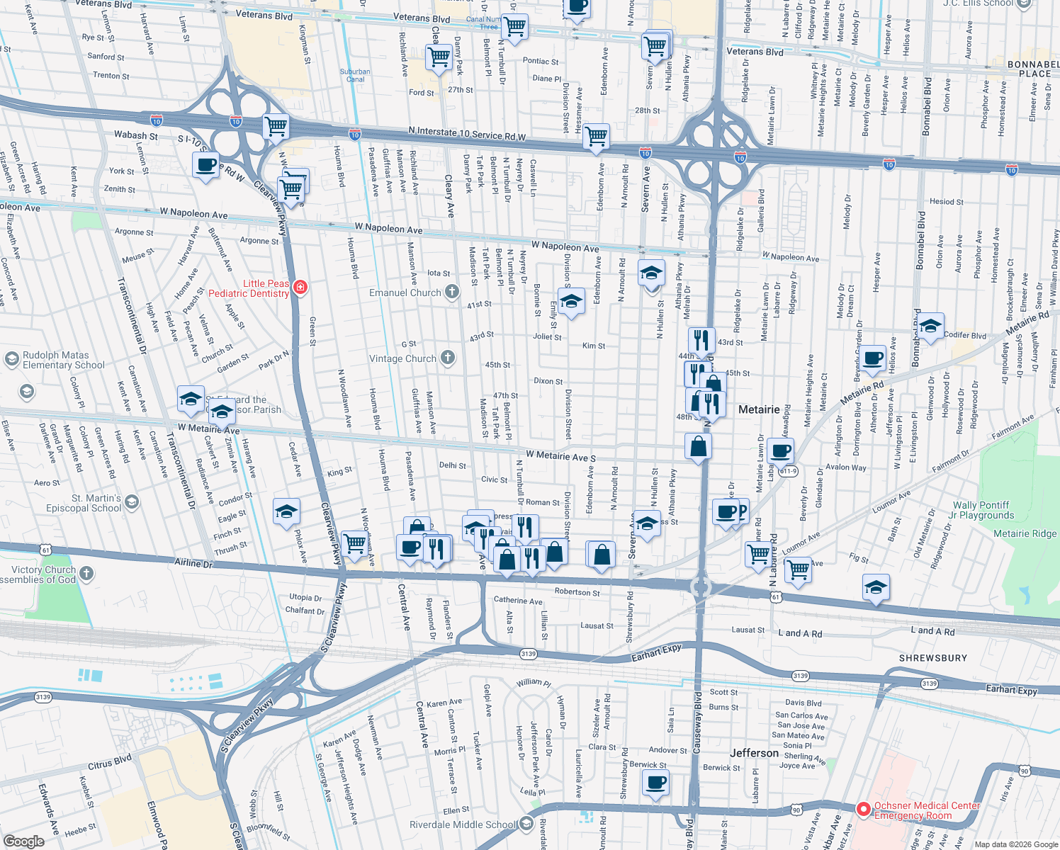 map of restaurants, bars, coffee shops, grocery stores, and more near 1012 Neyrey Dr in Metairie