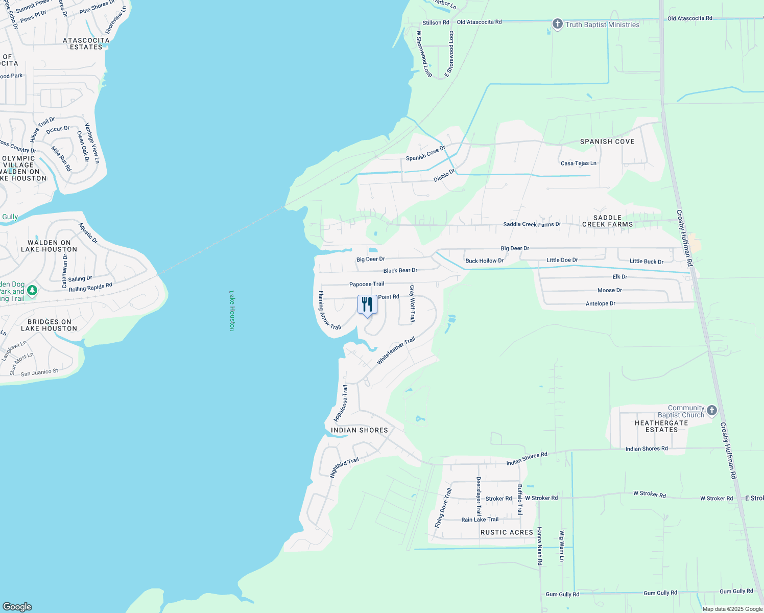 map of restaurants, bars, coffee shops, grocery stores, and more near 21015 Lost Pine Trail in Crosby