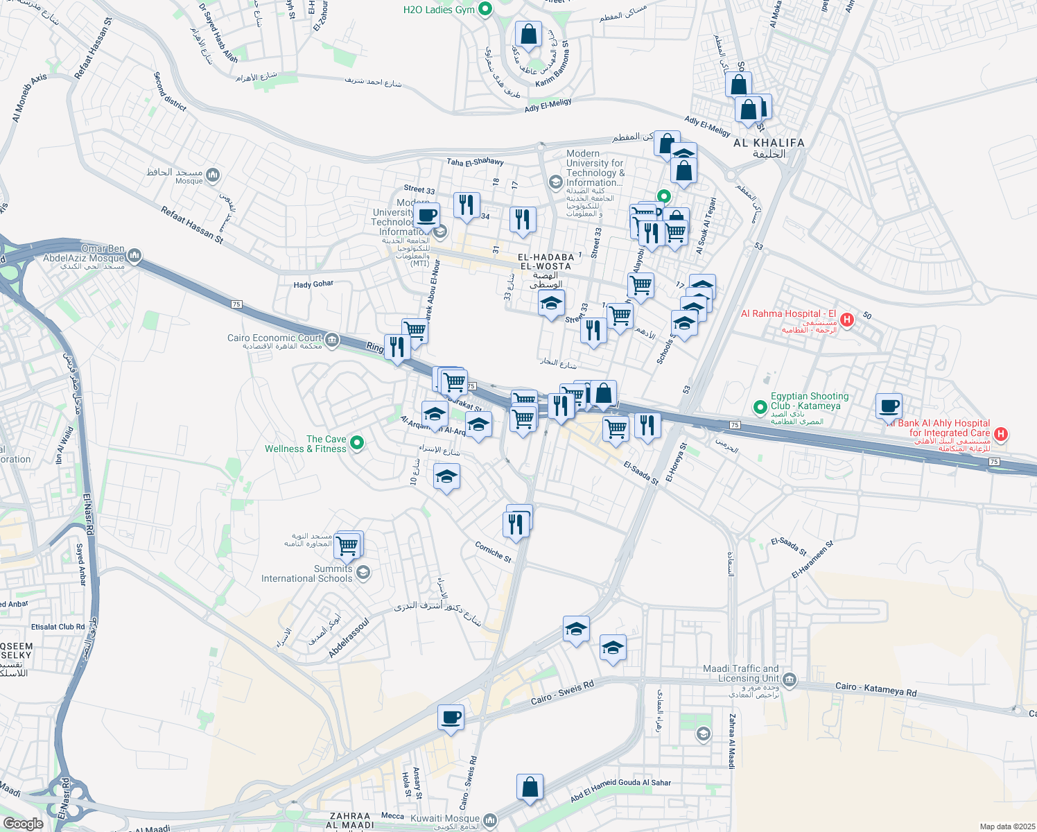 map of restaurants, bars, coffee shops, grocery stores, and more near Maadi City Center Entrance in El Basatin