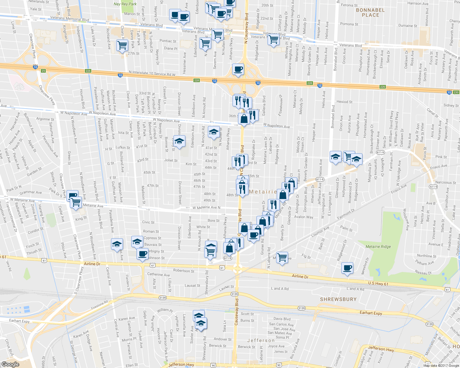 map of restaurants, bars, coffee shops, grocery stores, and more near 3232 46th Street in Metairie