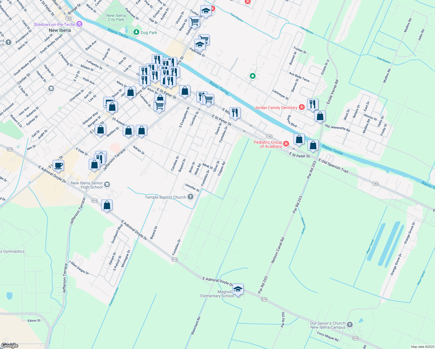 map of restaurants, bars, coffee shops, grocery stores, and more near 507 Silver St in New Iberia