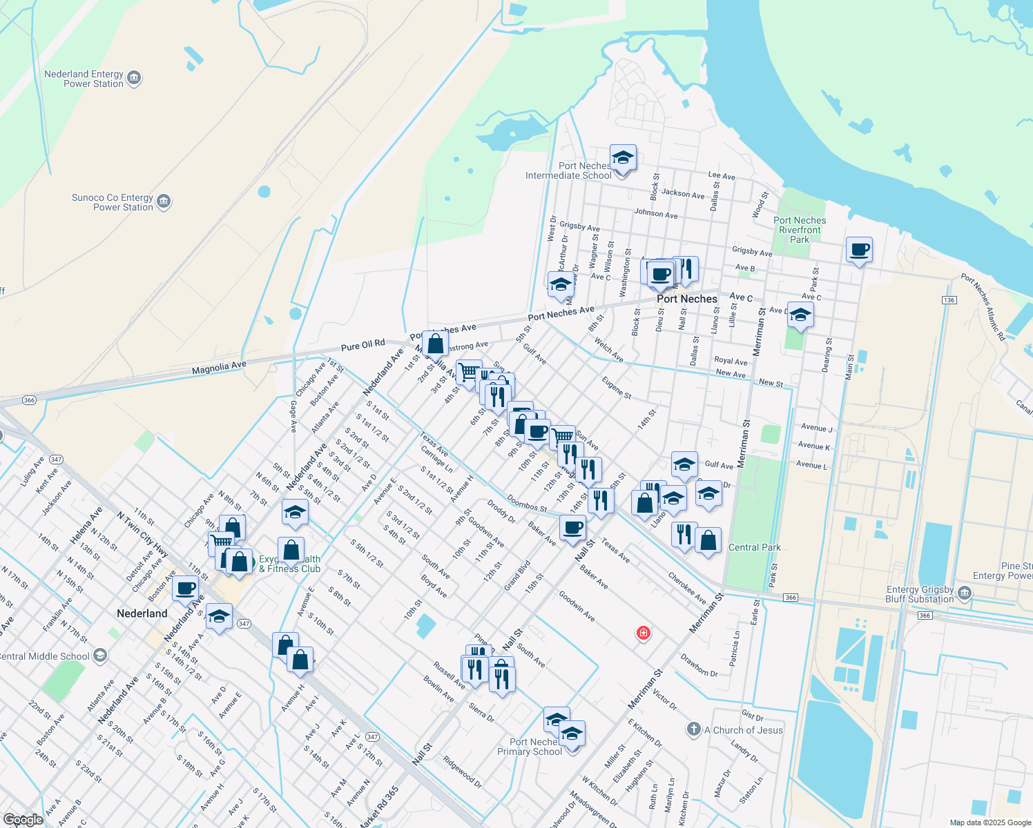 map of restaurants, bars, coffee shops, grocery stores, and more near 2138 8th St in Port Neches