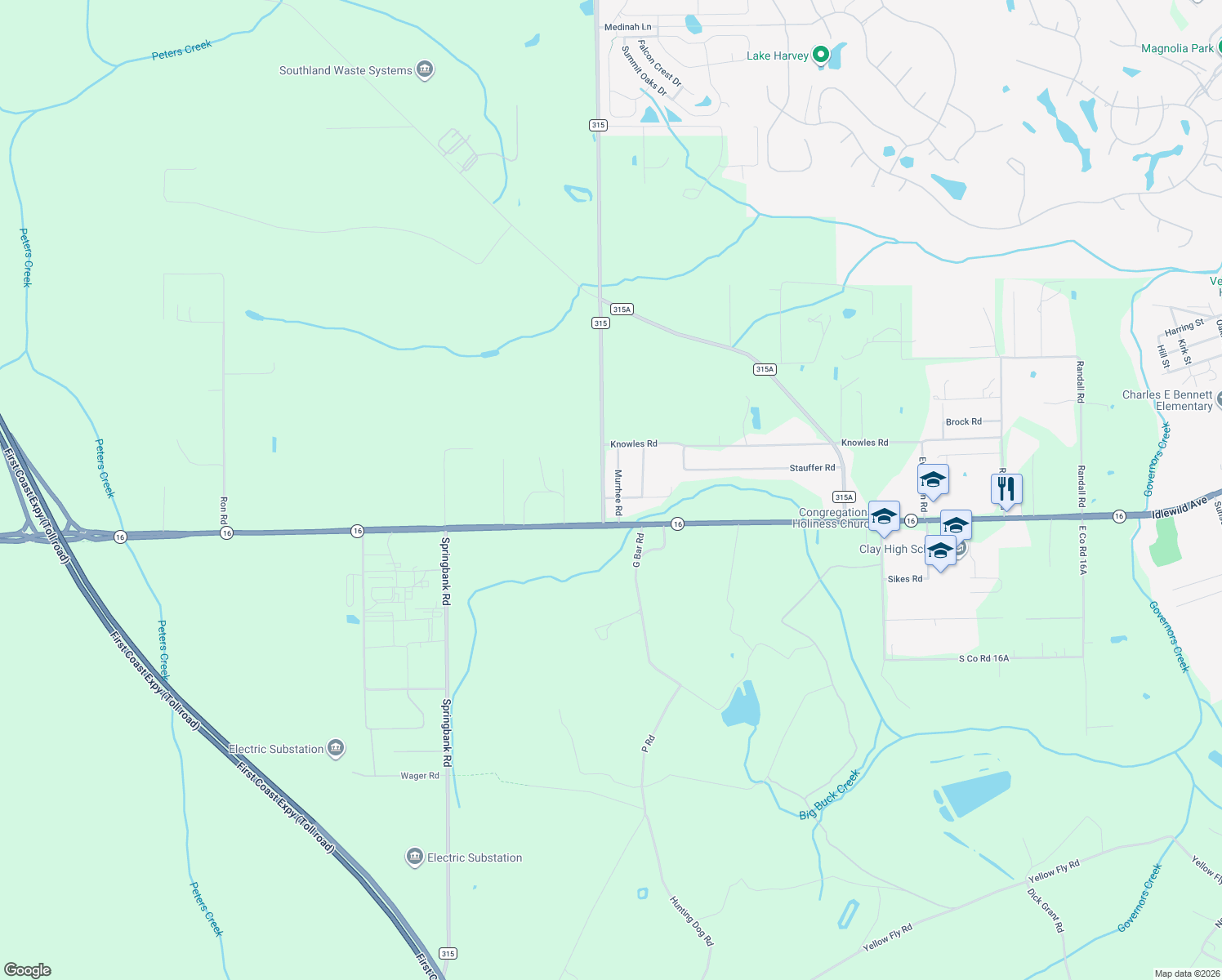 map of restaurants, bars, coffee shops, grocery stores, and more near 2340 Washington Avenue in Green Cove Springs
