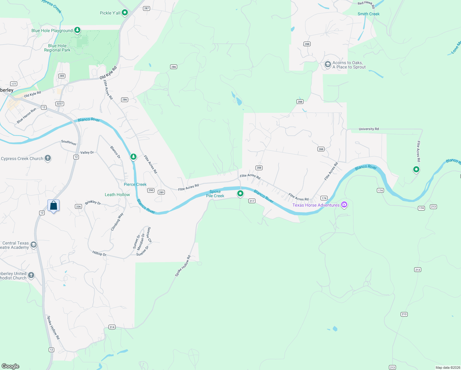 map of restaurants, bars, coffee shops, grocery stores, and more near 1840 Flite Acres Road in Wimberley