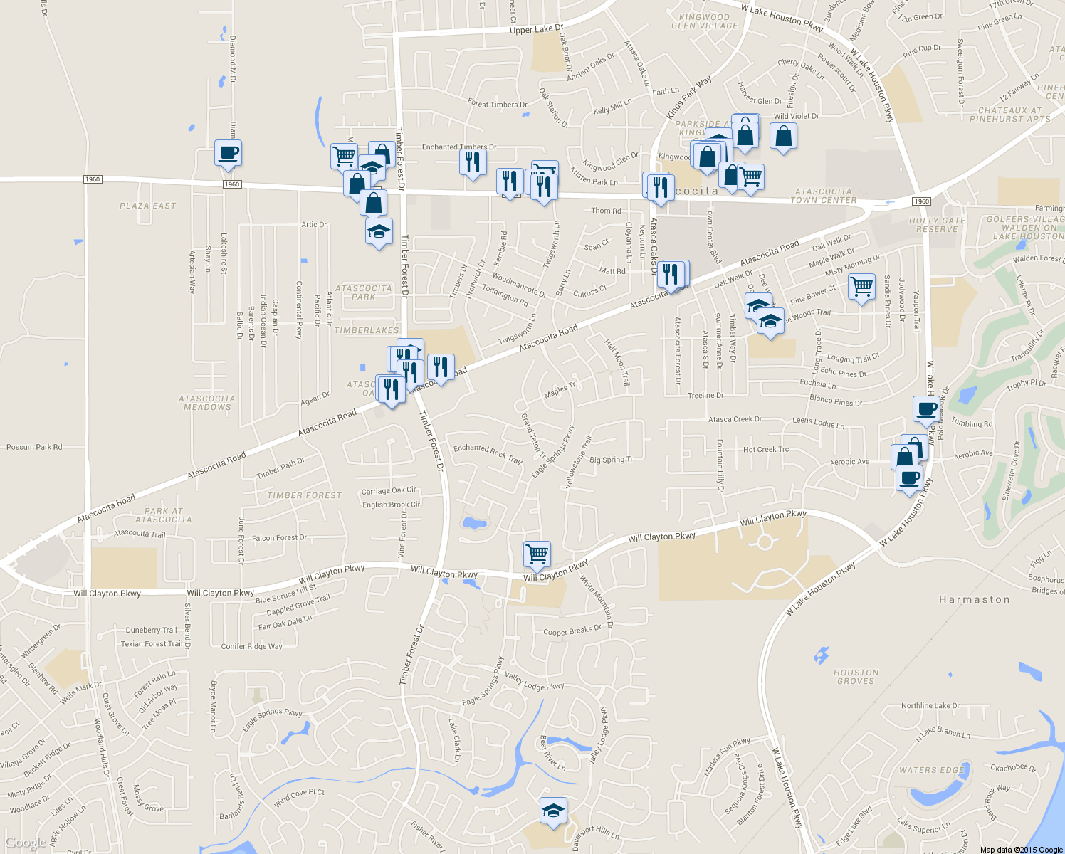 map of restaurants, bars, coffee shops, grocery stores, and more near 12602 Brazos Bend Trail in Humble