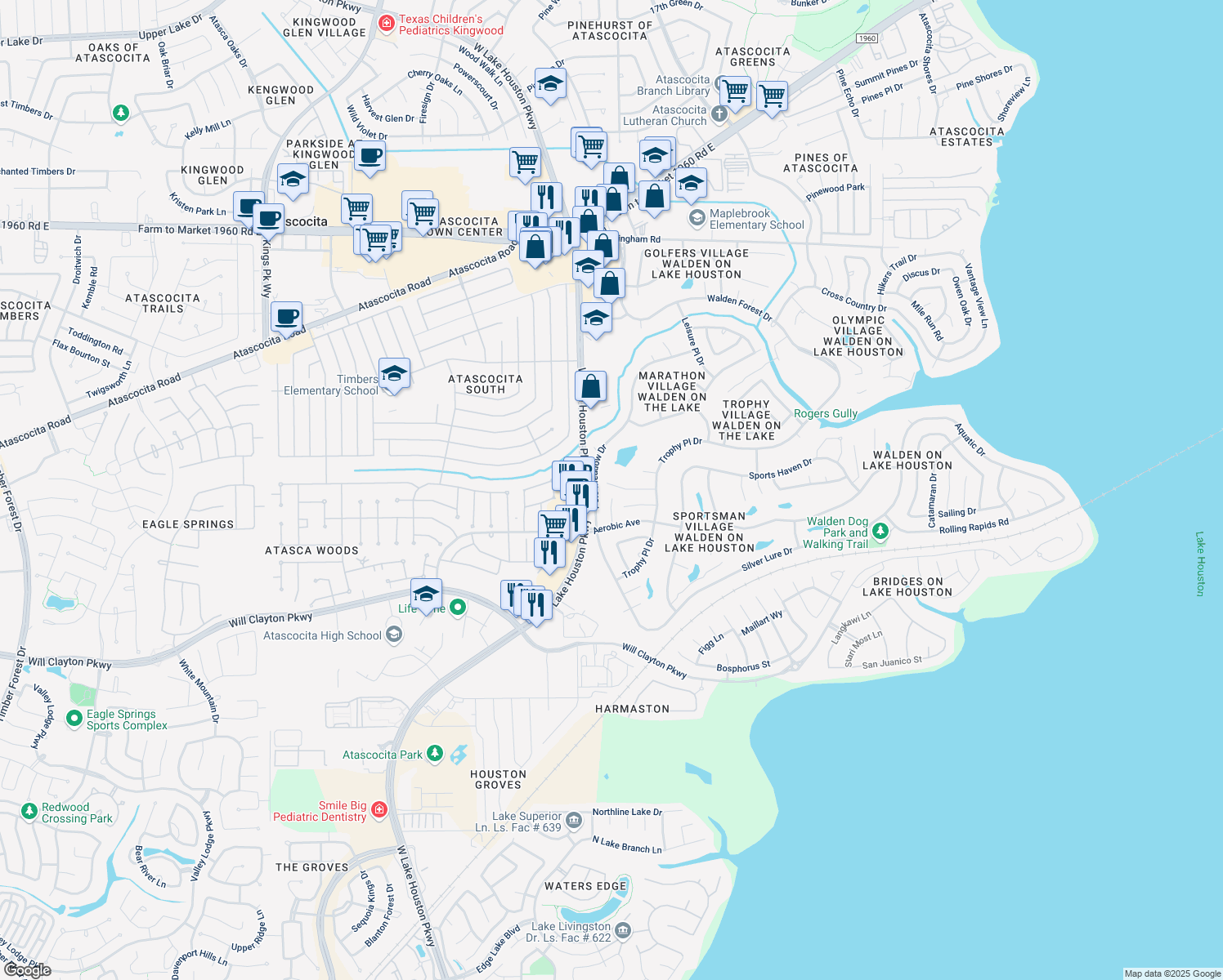 map of restaurants, bars, coffee shops, grocery stores, and more near 7518 Tumbling Rd in Humble