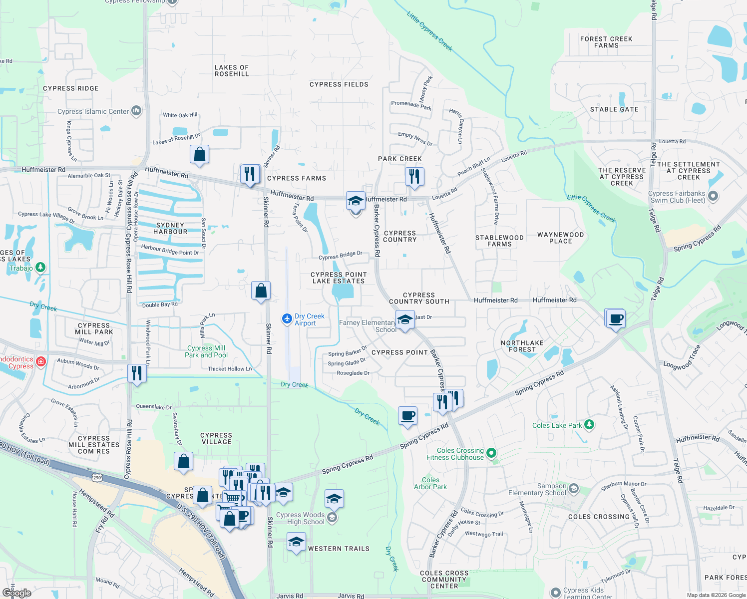 map of restaurants, bars, coffee shops, grocery stores, and more near 16511 Cypress Brook Ct in Cypress