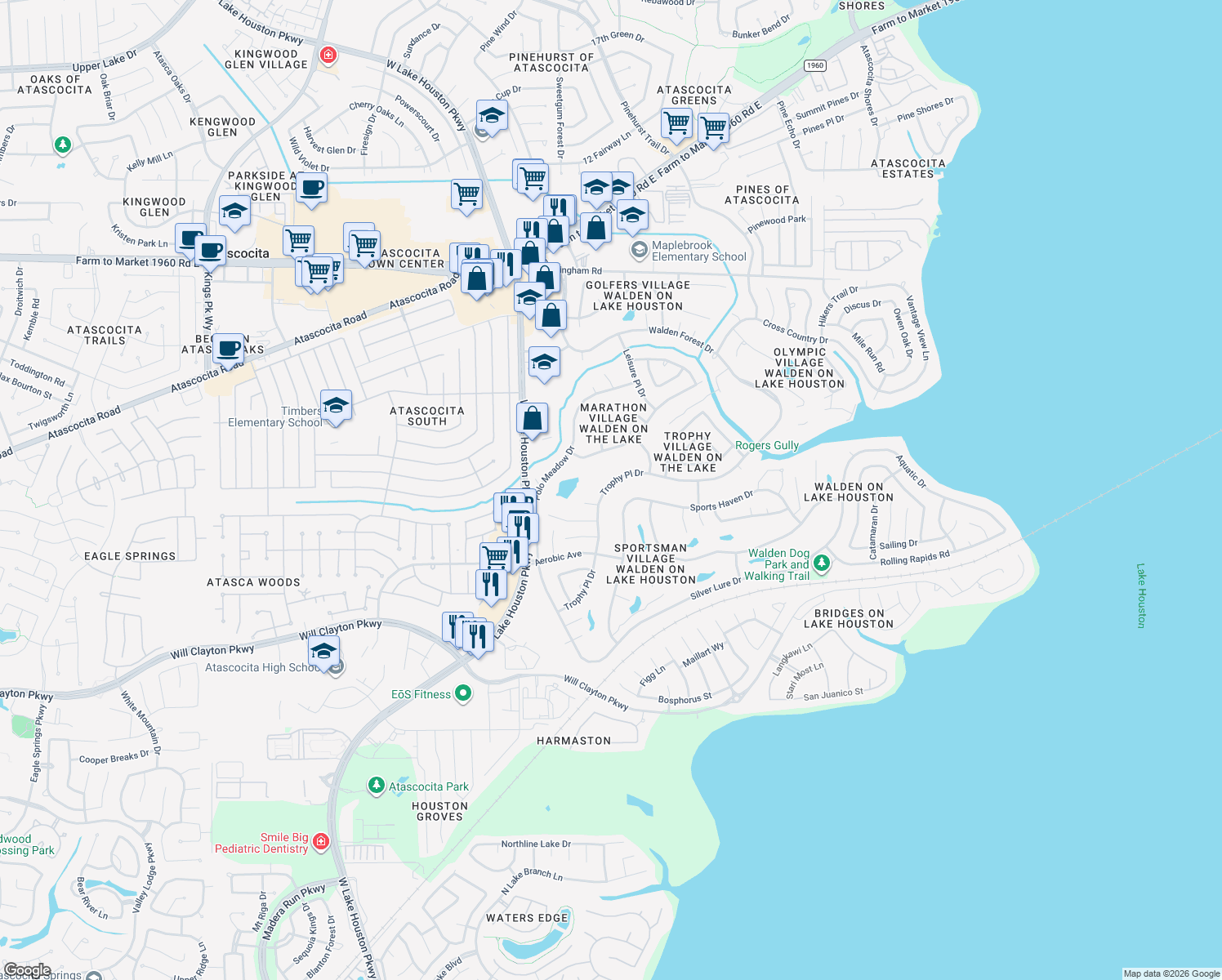 map of restaurants, bars, coffee shops, grocery stores, and more near 8018 Trophy Place Drive in Humble