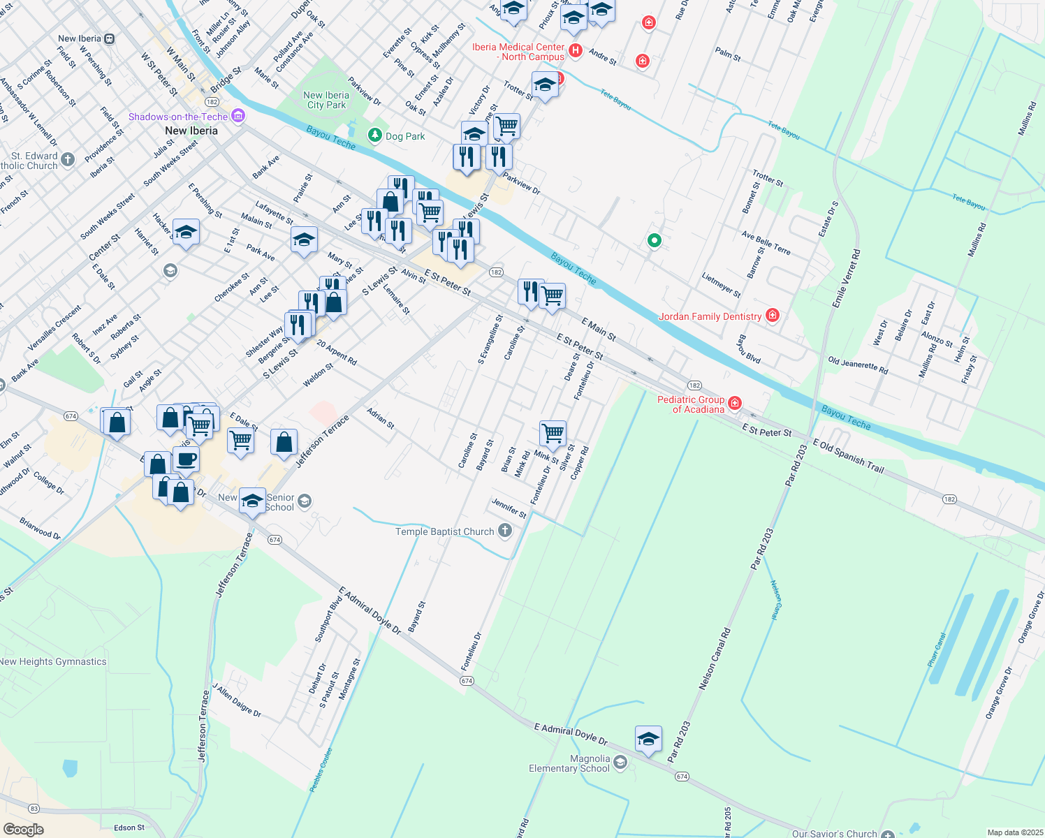 map of restaurants, bars, coffee shops, grocery stores, and more near 109 Craig Street in New Iberia