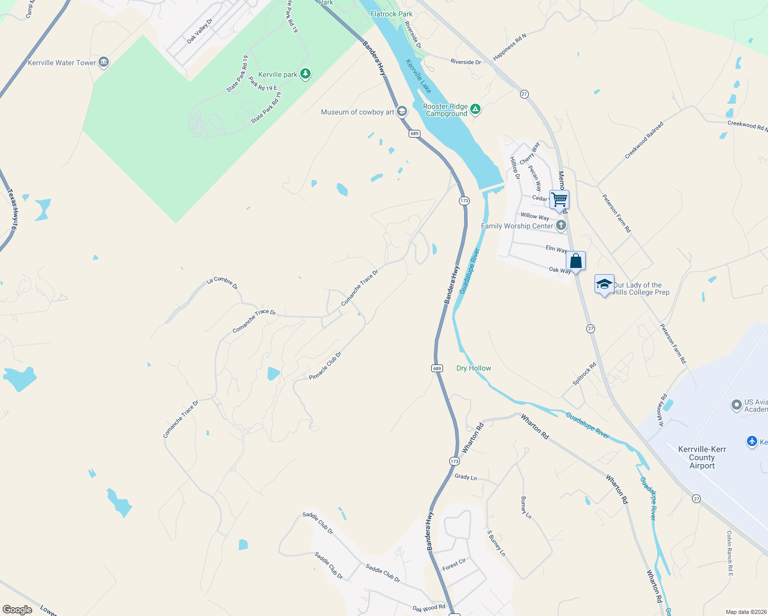 map of restaurants, bars, coffee shops, grocery stores, and more near 2912 Rock Barn Drive in Kerrville