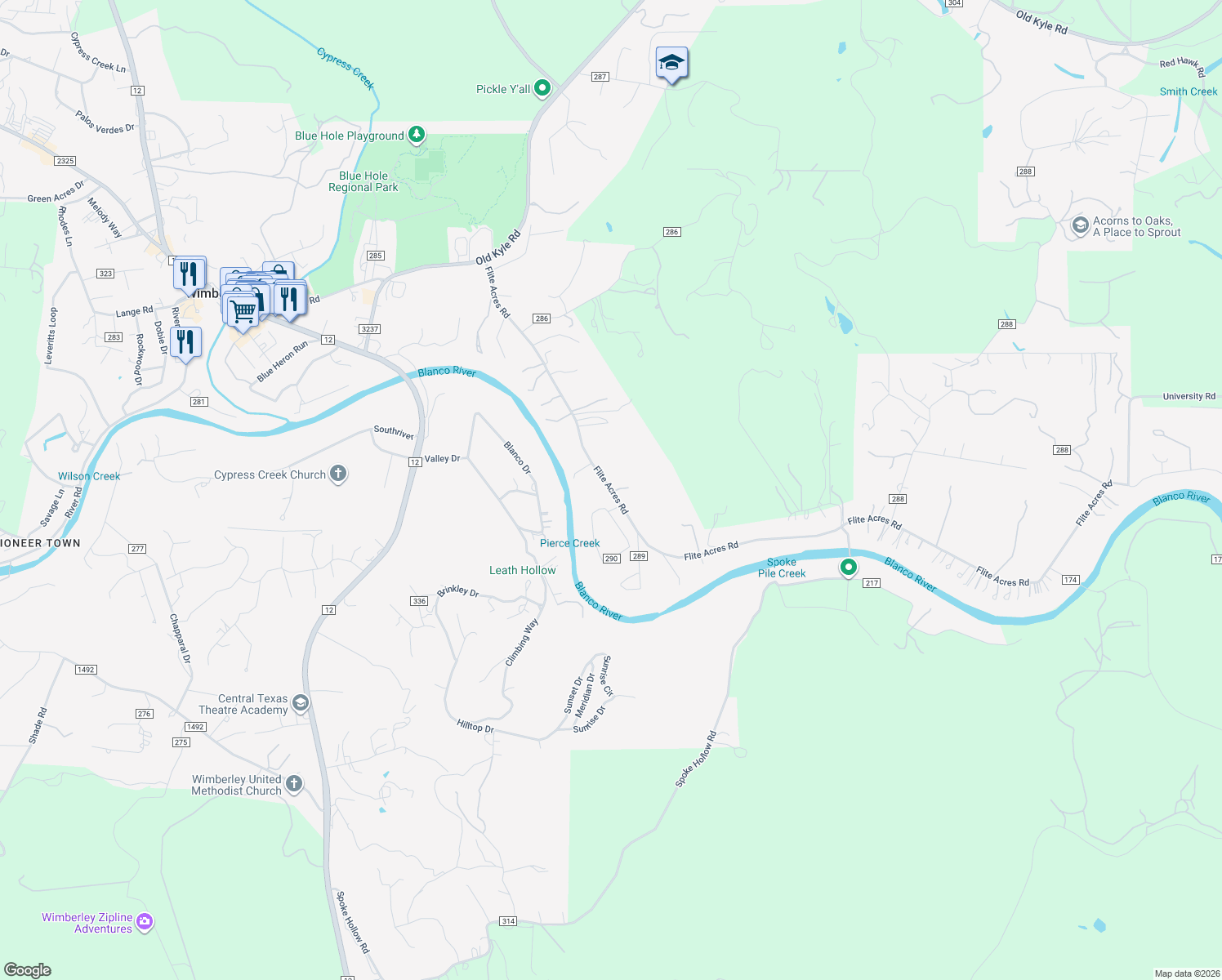 map of restaurants, bars, coffee shops, grocery stores, and more near 910 Flite Acres Road in Wimberley