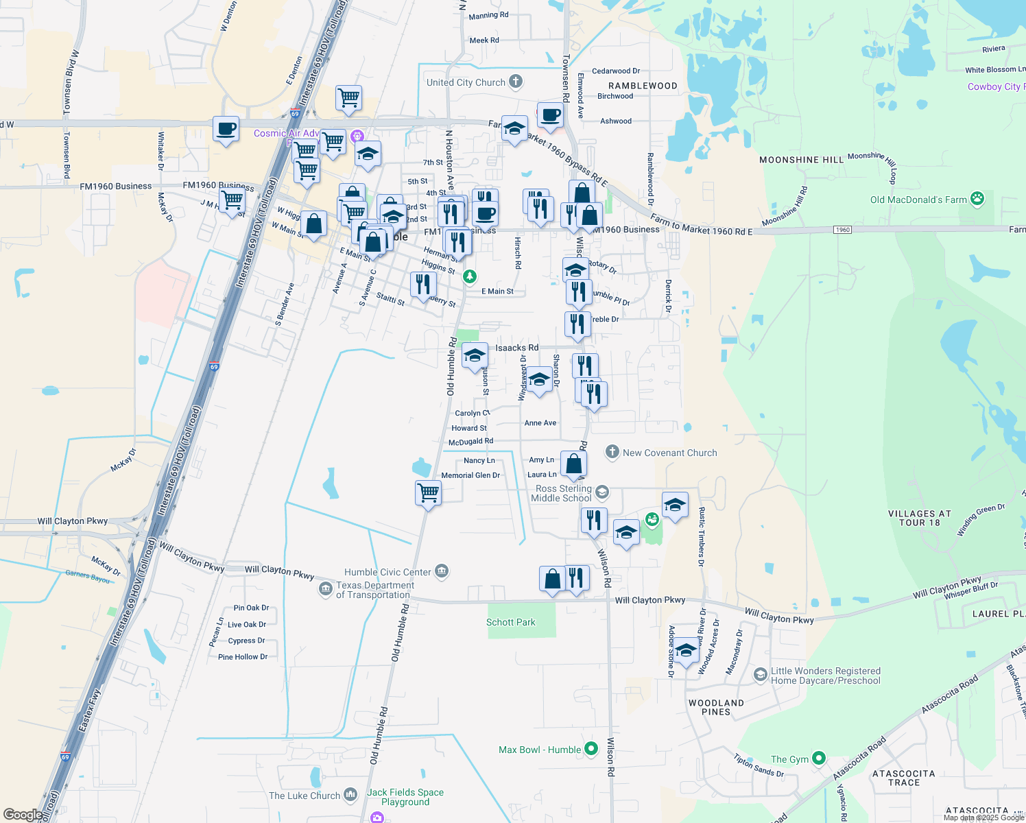 map of restaurants, bars, coffee shops, grocery stores, and more near 1316 Carolyn Ct in Humble