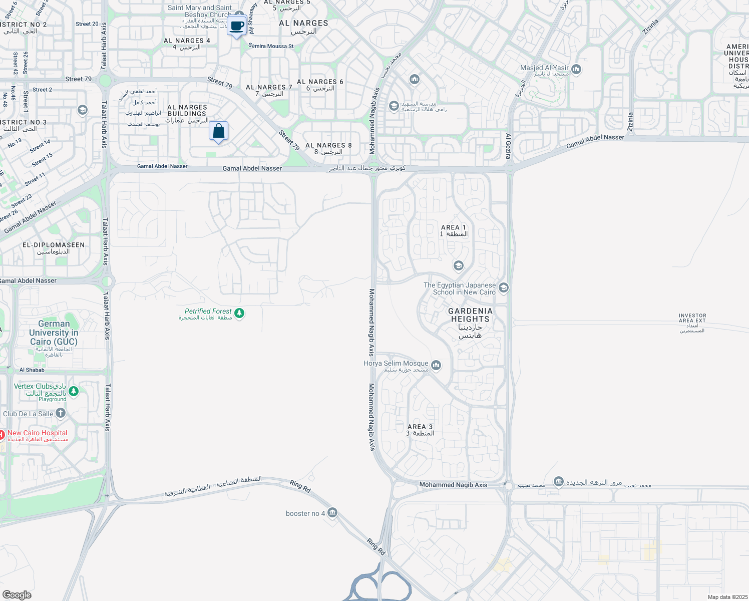 map of restaurants, bars, coffee shops, grocery stores, and more near Mohammed Nagib Axis in New Cairo 3
