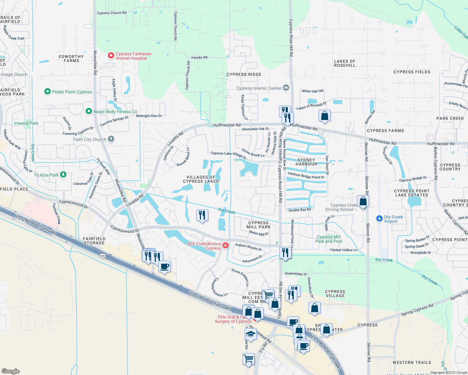map of restaurants, bars, coffee shops, grocery stores, and more near 15003 By the Lake Way in Cypress