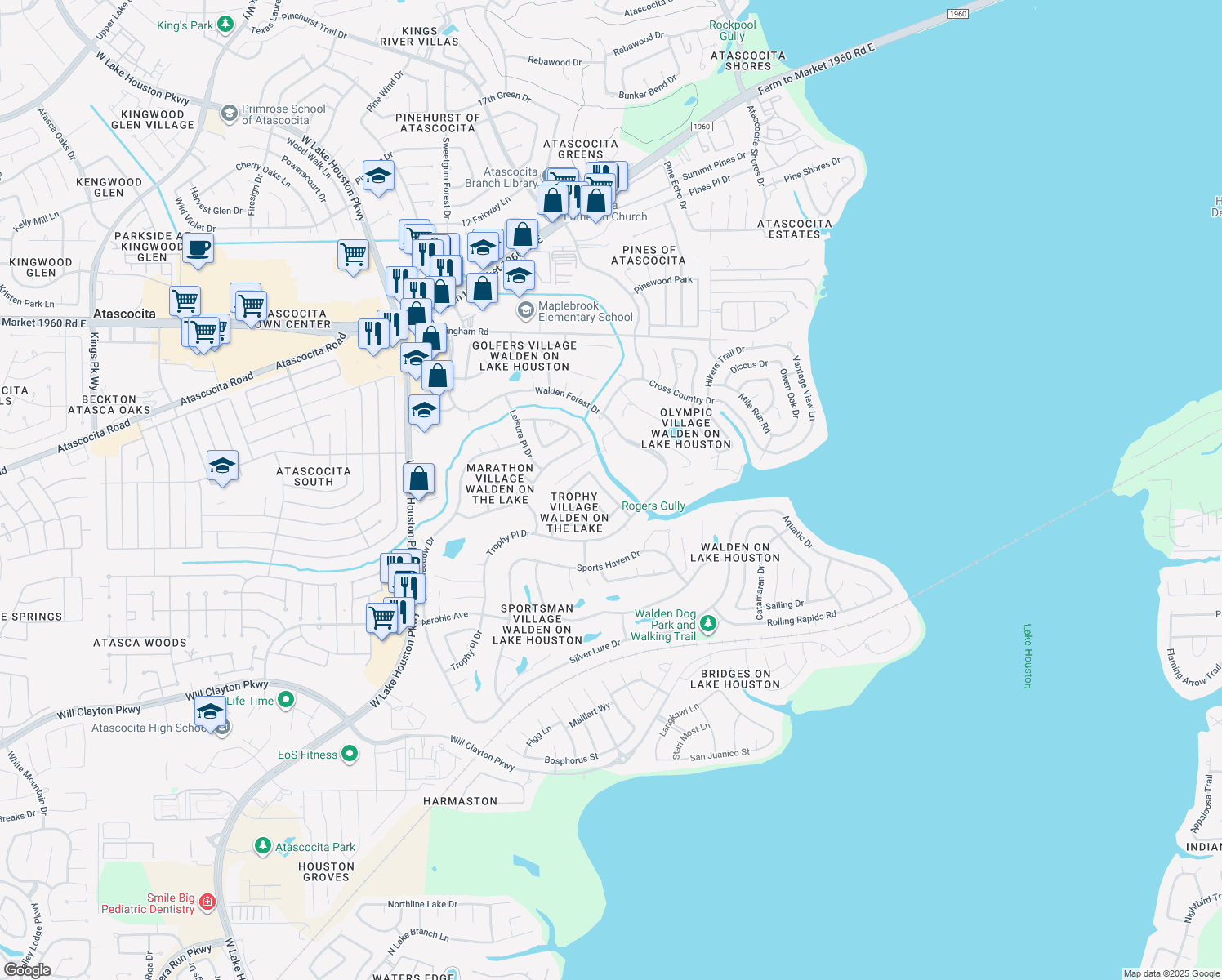 map of restaurants, bars, coffee shops, grocery stores, and more near 18802 Racquet Sports Way in Humble