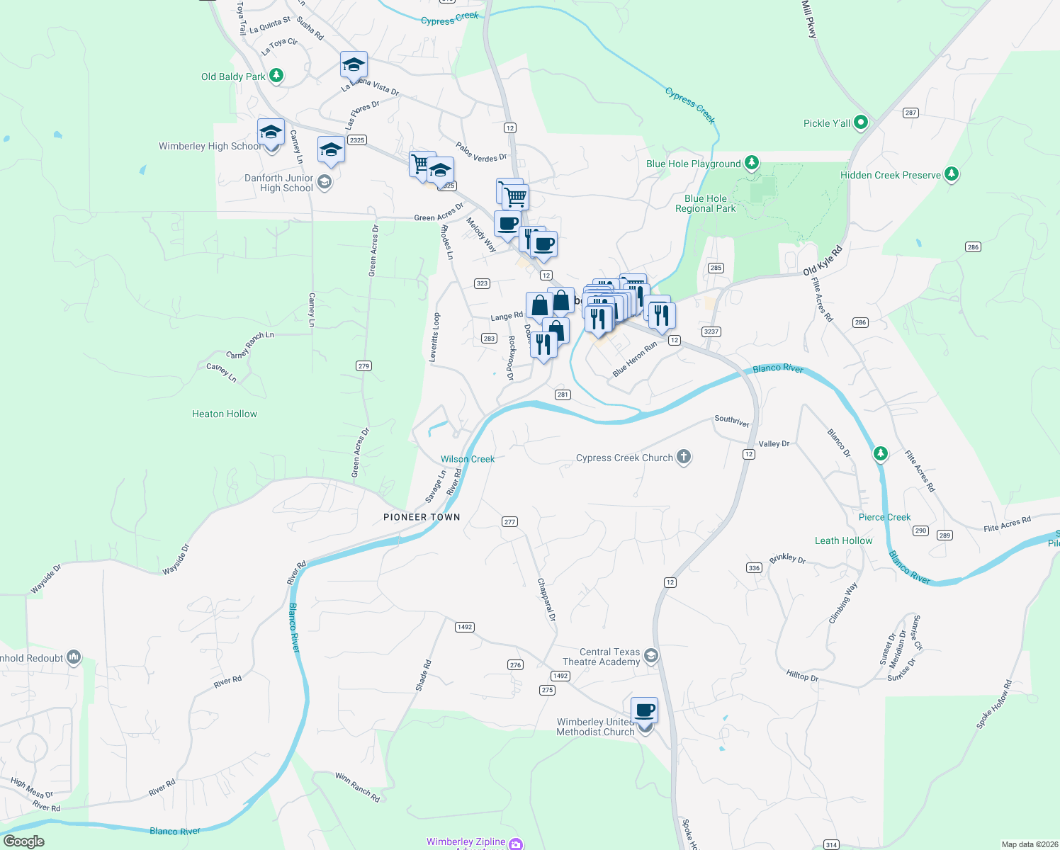 map of restaurants, bars, coffee shops, grocery stores, and more near 841 Southriver in Wimberley