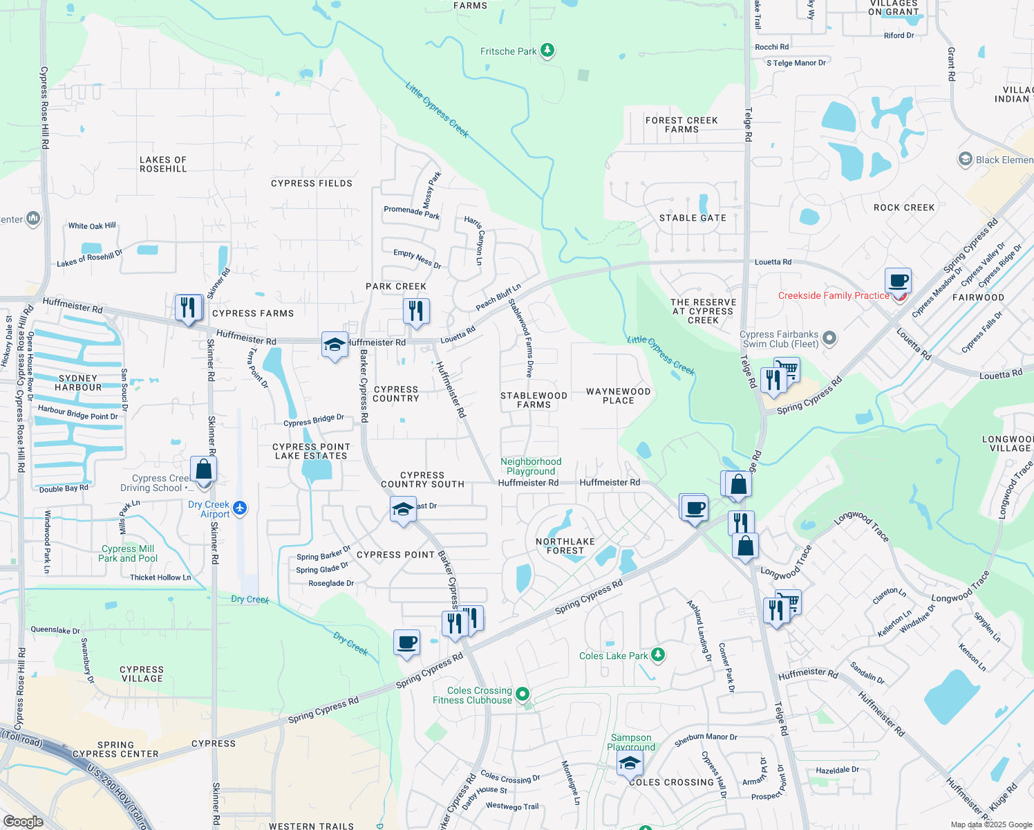 map of restaurants, bars, coffee shops, grocery stores, and more near 16115 Dusty Path Lane in Cypress
