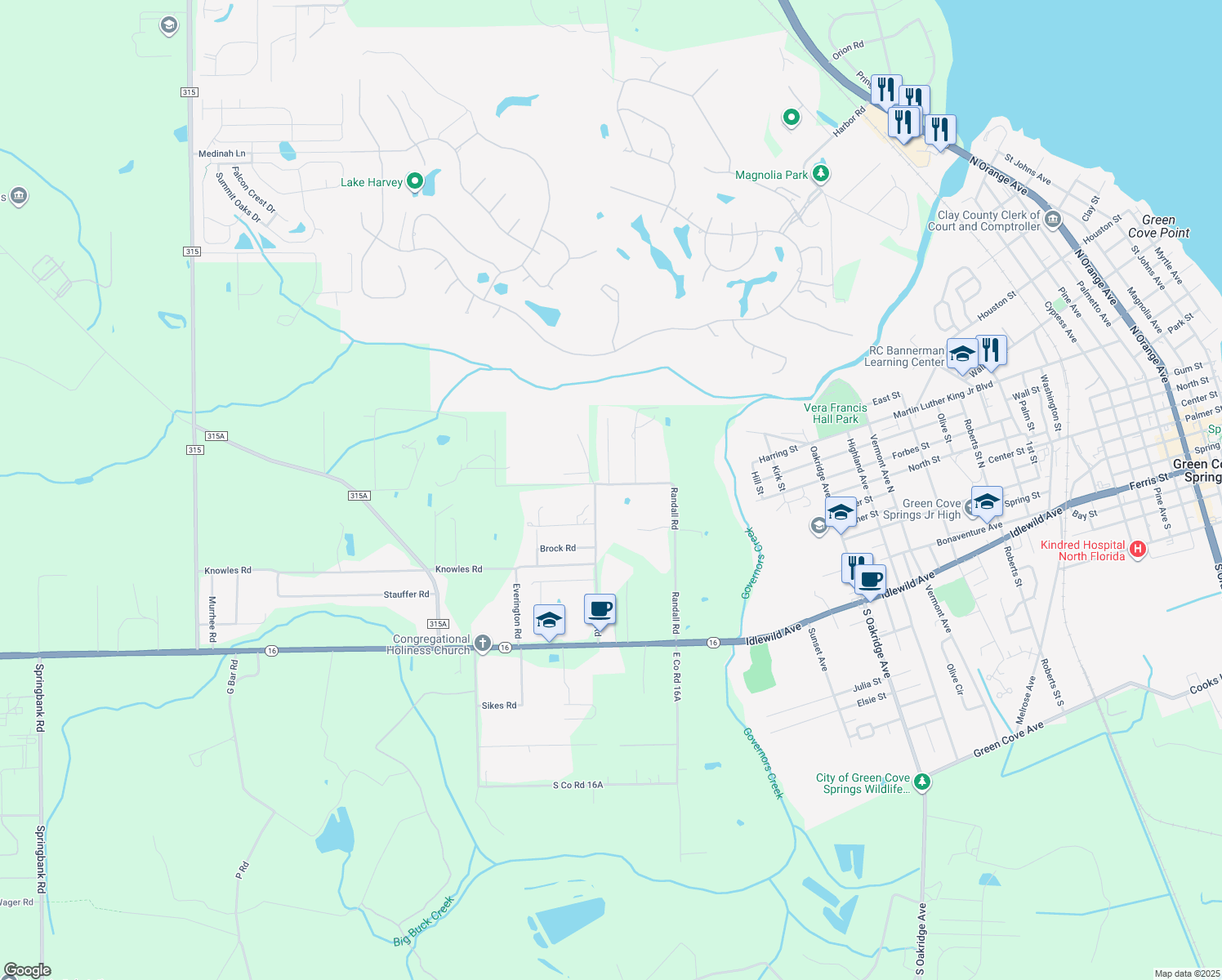 map of restaurants, bars, coffee shops, grocery stores, and more near 3841 Randall Road in Green Cove Springs
