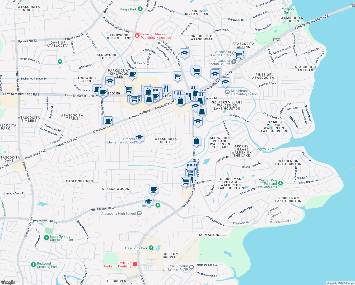 map of restaurants, bars, coffee shops, grocery stores, and more near 18806 Pine Trace Ct in Humble