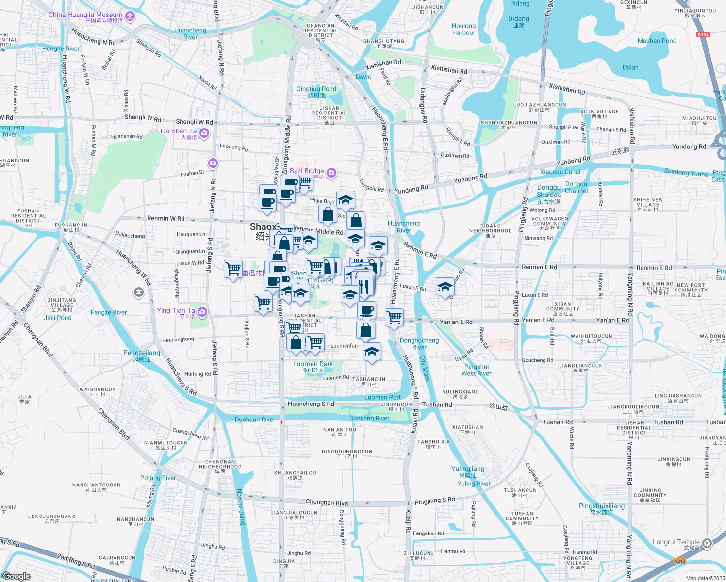 map of restaurants, bars, coffee shops, grocery stores, and more near Ji Shan Lu in Shao Xing Shi