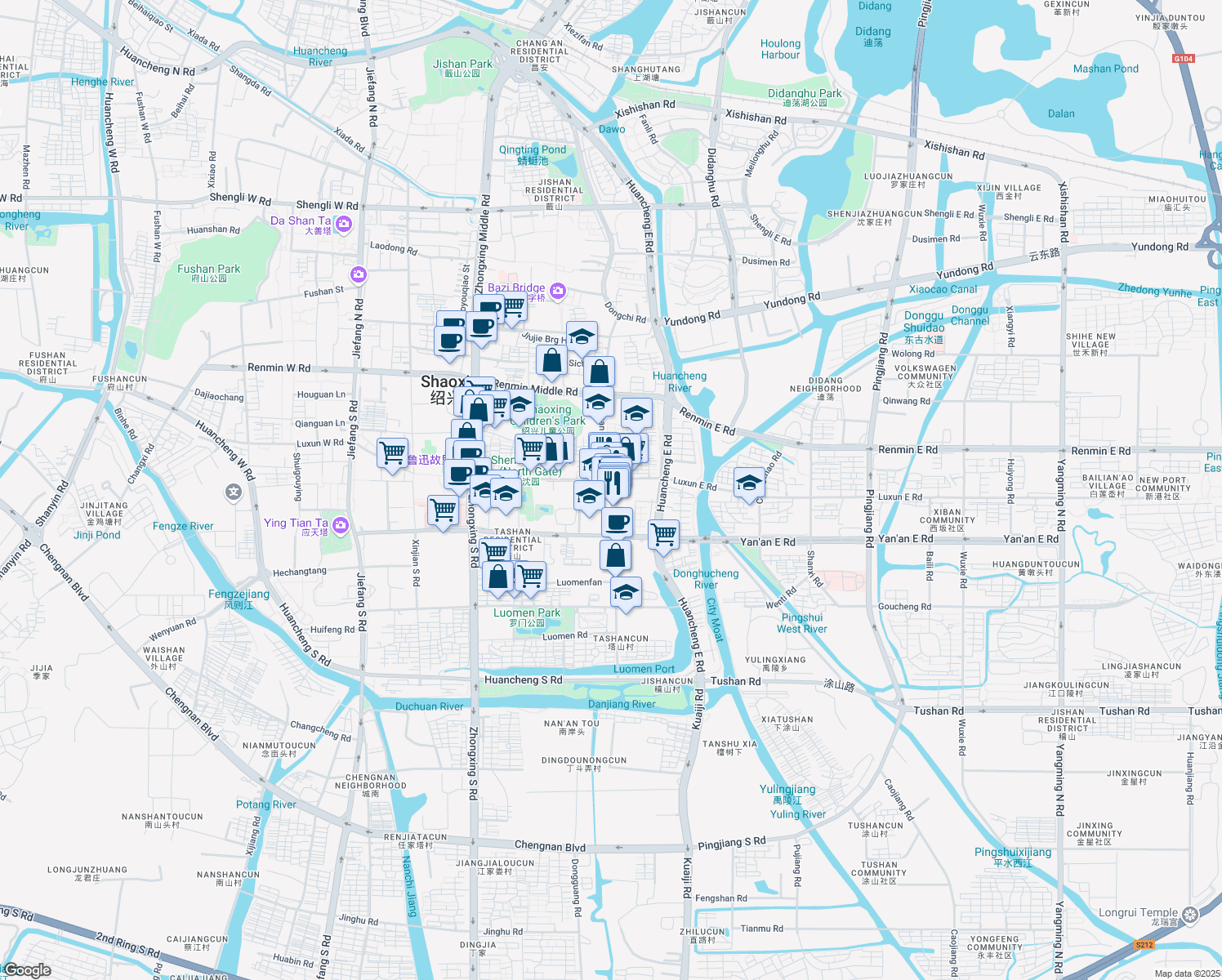 map of restaurants, bars, coffee shops, grocery stores, and more near Ji Shan Lu in Shao Xing Shi