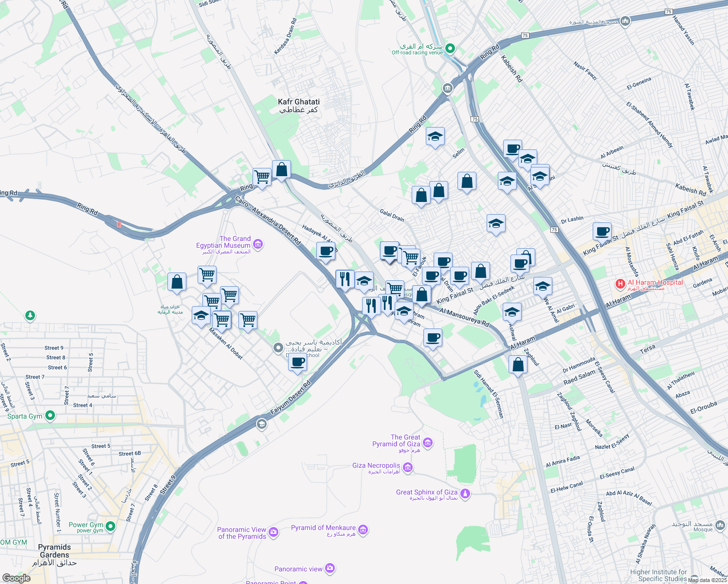 map of restaurants, bars, coffee shops, grocery stores, and more near Hadayek Al Ahram in Al Haram