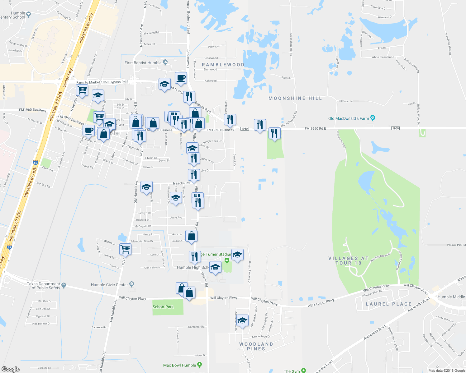 map of restaurants, bars, coffee shops, grocery stores, and more near 1955 Country Village Boulevard in Humble