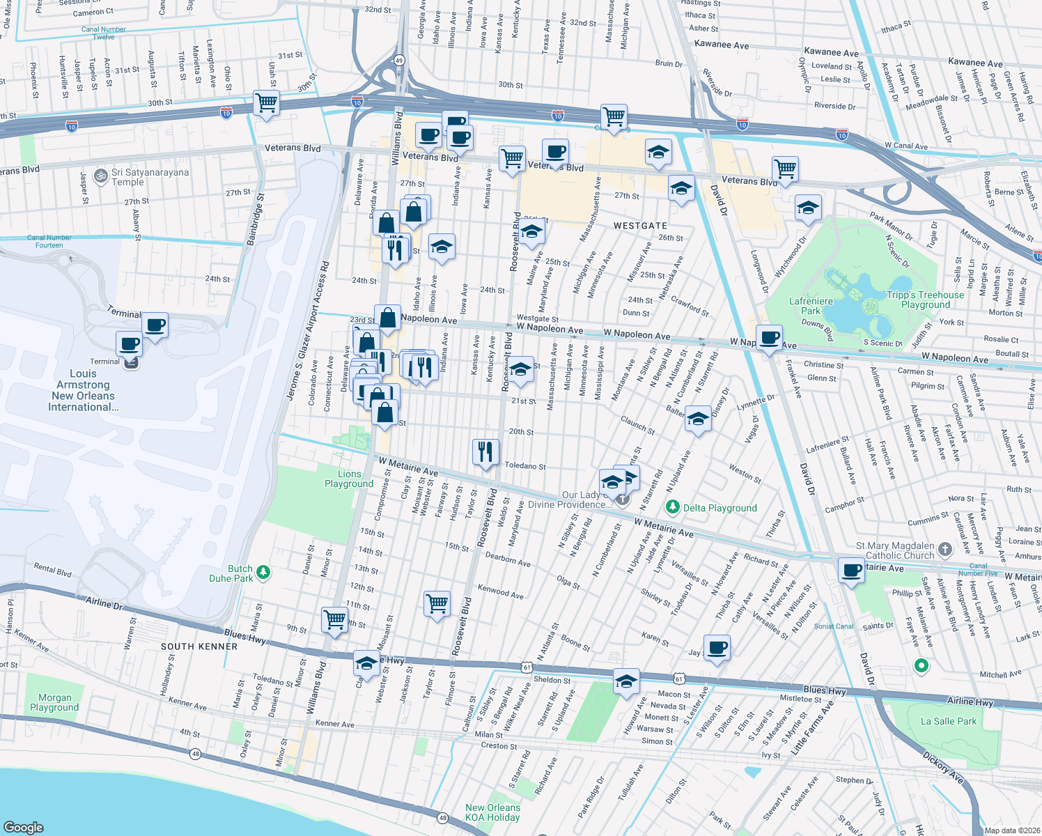 map of restaurants, bars, coffee shops, grocery stores, and more near 1501 Maine Avenue in Kenner