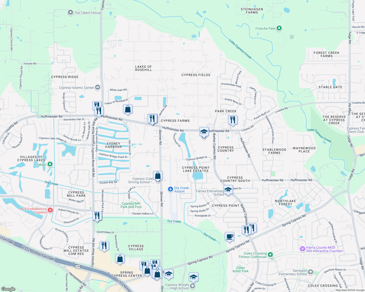 map of restaurants, bars, coffee shops, grocery stores, and more near 14926 Terra Point Drive in Cypress
