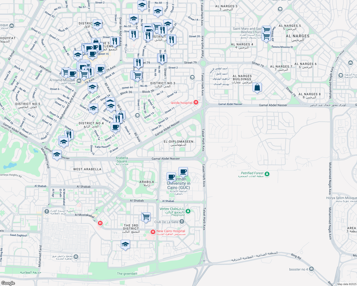 map of restaurants, bars, coffee shops, grocery stores, and more near in New Cairo 1