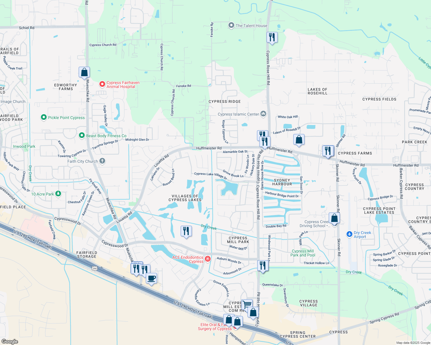 map of restaurants, bars, coffee shops, grocery stores, and more near 18526 Cypress Lake Village Drive in Cypress