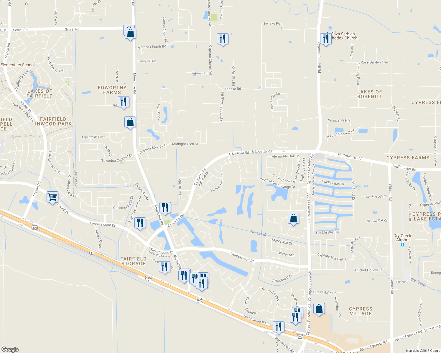 map of restaurants, bars, coffee shops, grocery stores, and more near 19002 Sweet Springs Lane in Cypress