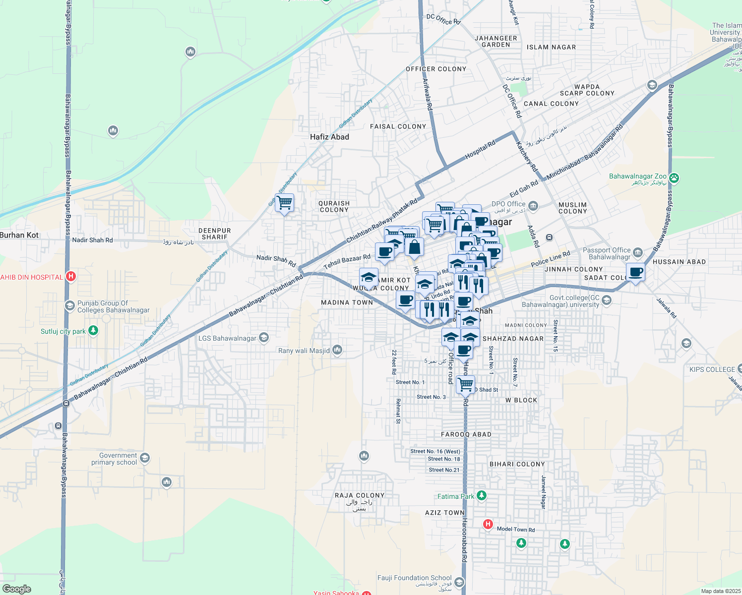 map of restaurants, bars, coffee shops, grocery stores, and more near Chishtian Road in Bahawalnagar District