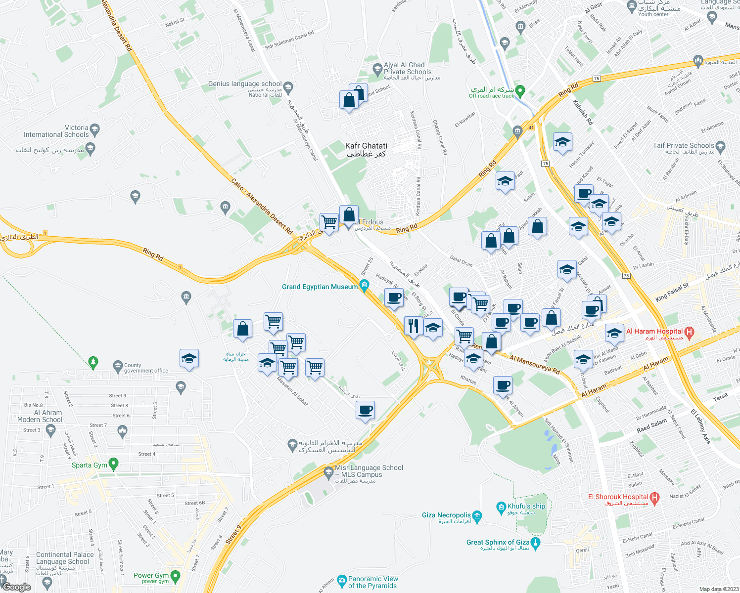 map of restaurants, bars, coffee shops, grocery stores, and more near Cairo - Alexandria Desert Road in Al Haram