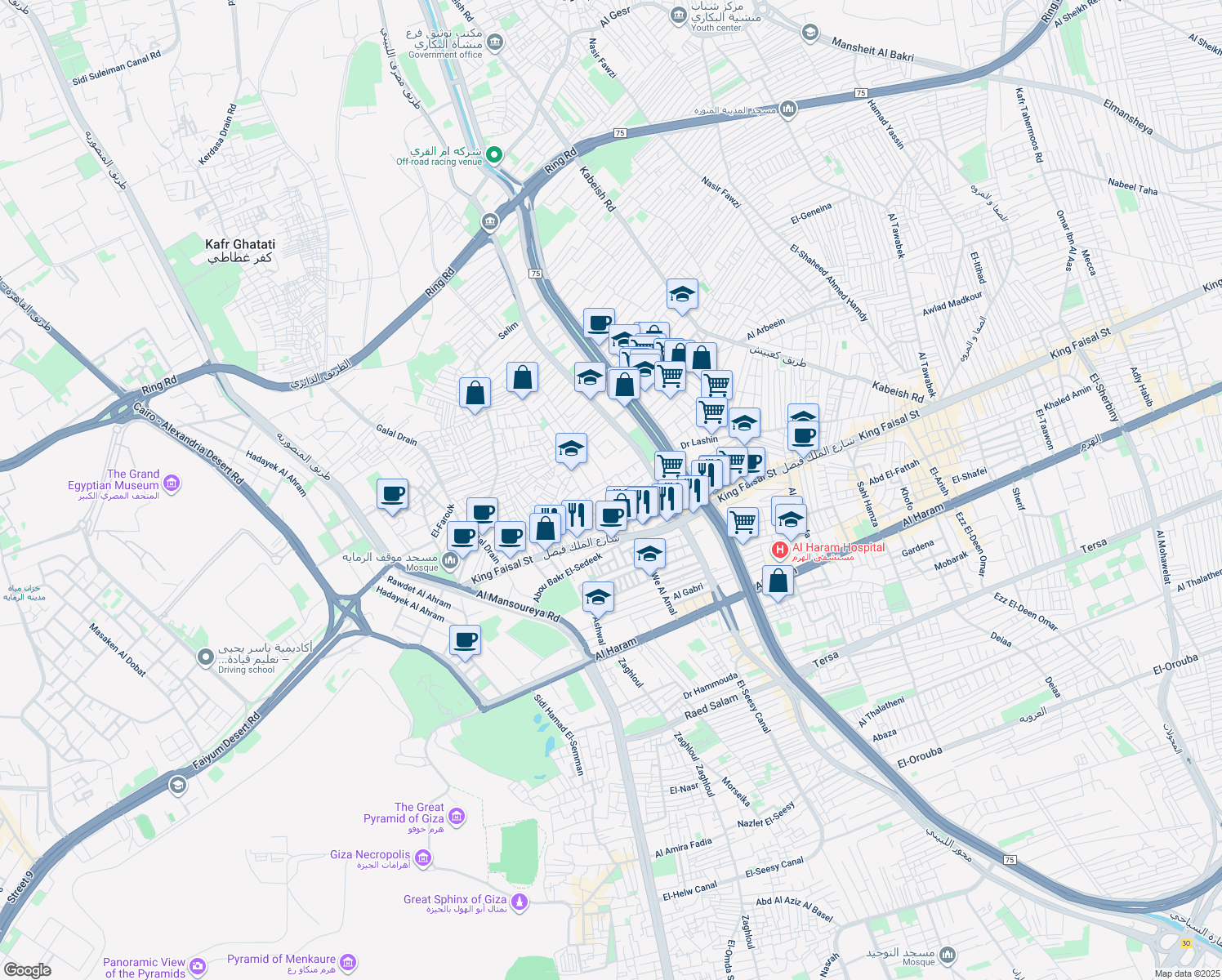 map of restaurants, bars, coffee shops, grocery stores, and more near Mostafa El-Masry in Al Haram
