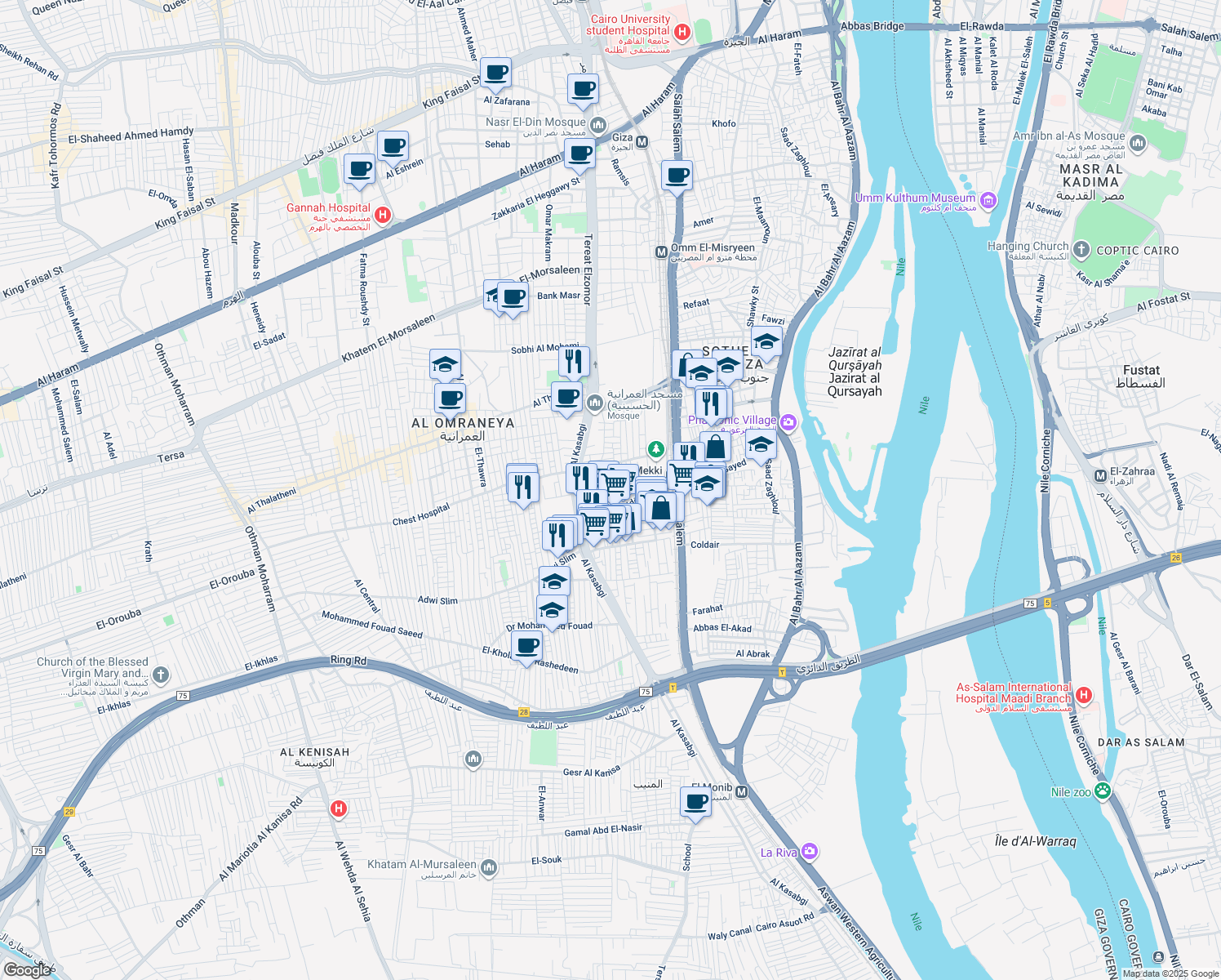 map of restaurants, bars, coffee shops, grocery stores, and more near Abd El-Nabi Abd El-Hameed in El Omraniya