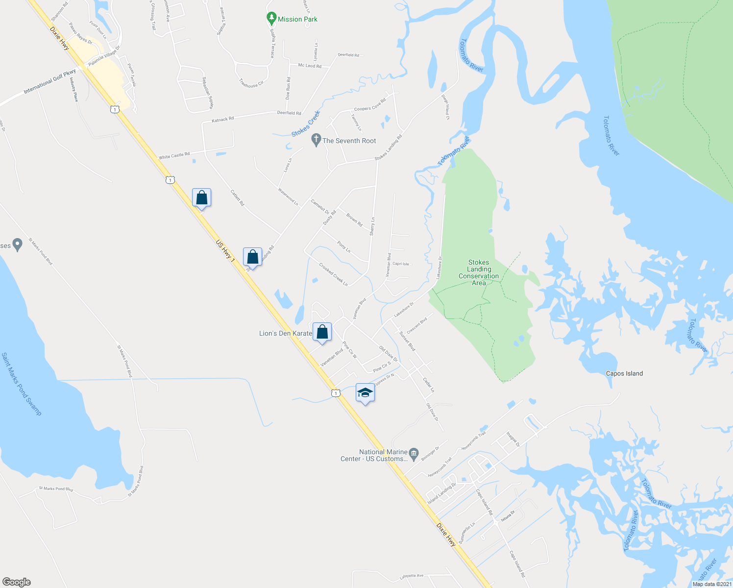 map of restaurants, bars, coffee shops, grocery stores, and more near 286 Venetian Blvd in St Augustine