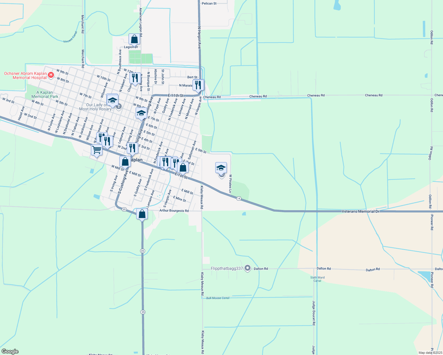 map of restaurants, bars, coffee shops, grocery stores, and more near 1099 West Pirates Lane in Kaplan