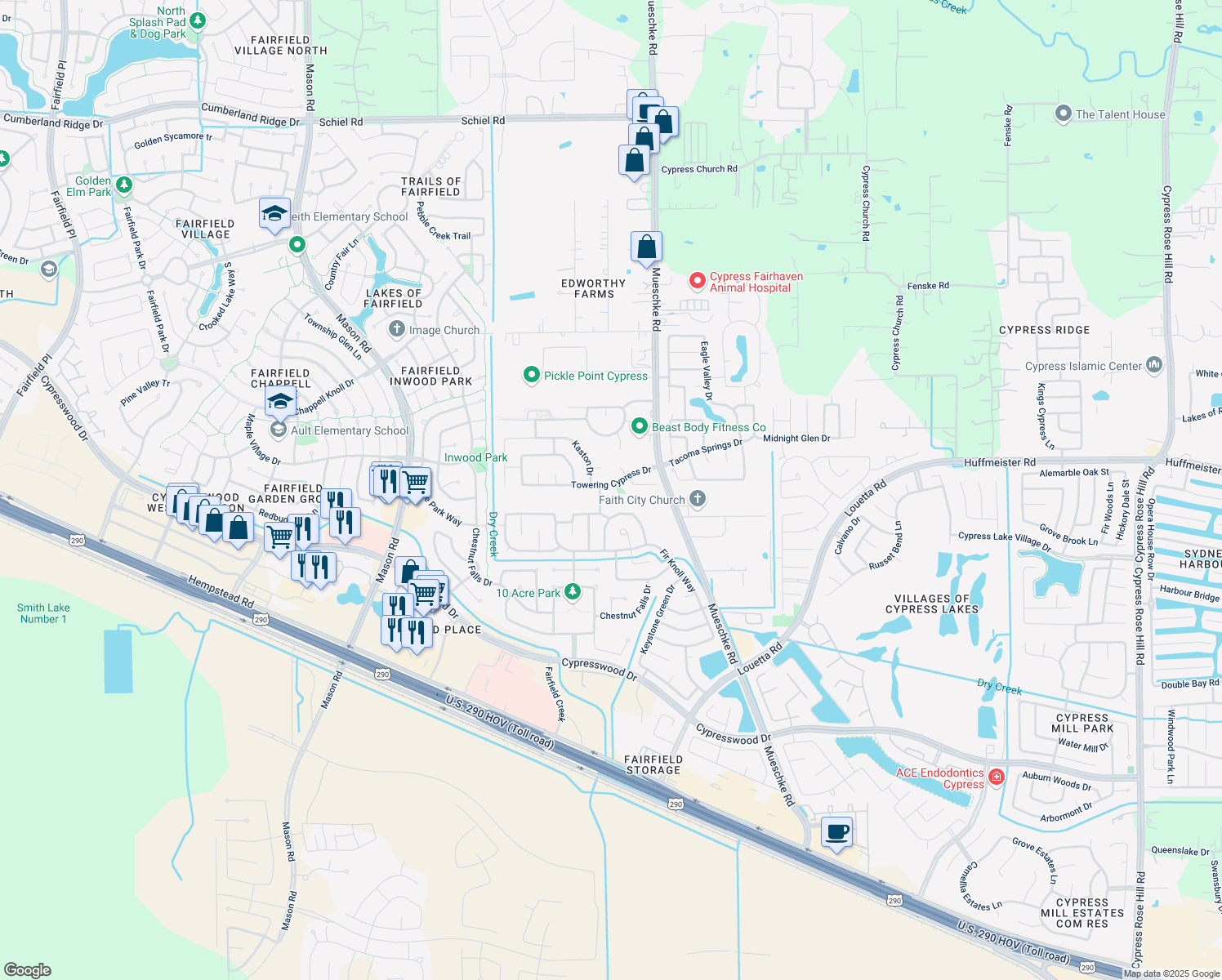 map of restaurants, bars, coffee shops, grocery stores, and more near 20119 Towering Cypress Drive in Cypress