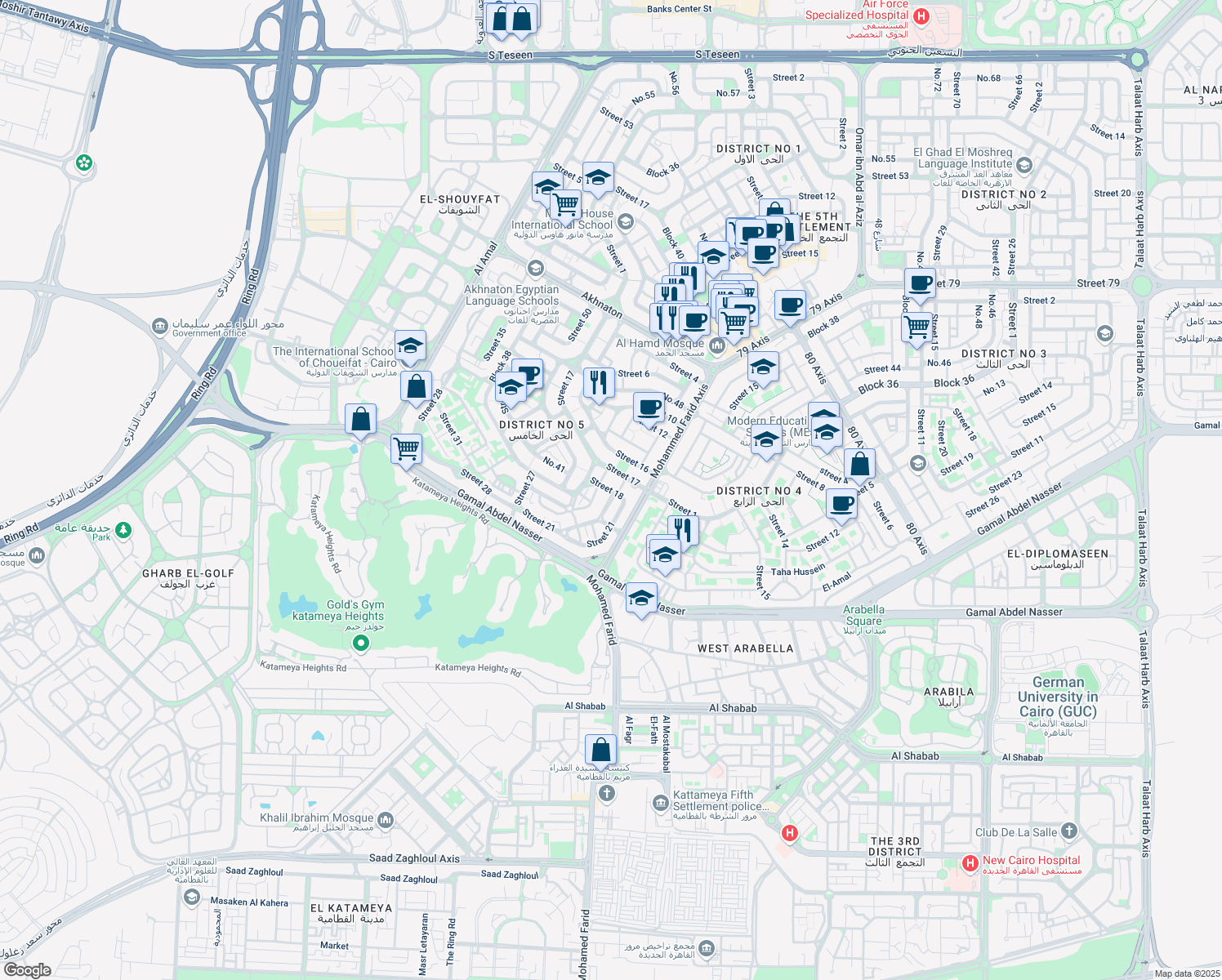 map of restaurants, bars, coffee shops, grocery stores, and more near in New Cairo 1