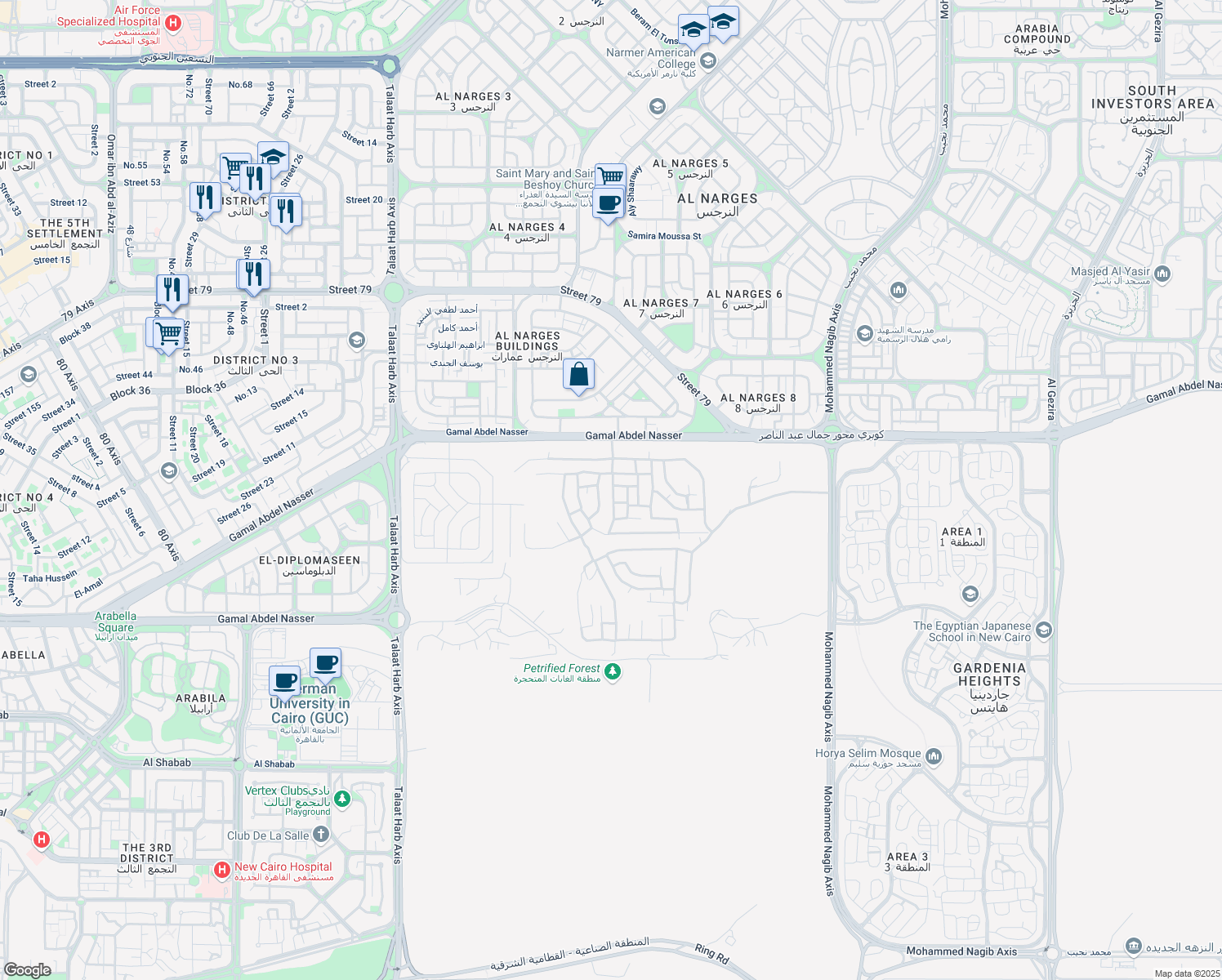 map of restaurants, bars, coffee shops, grocery stores, and more near in New Cairo 3