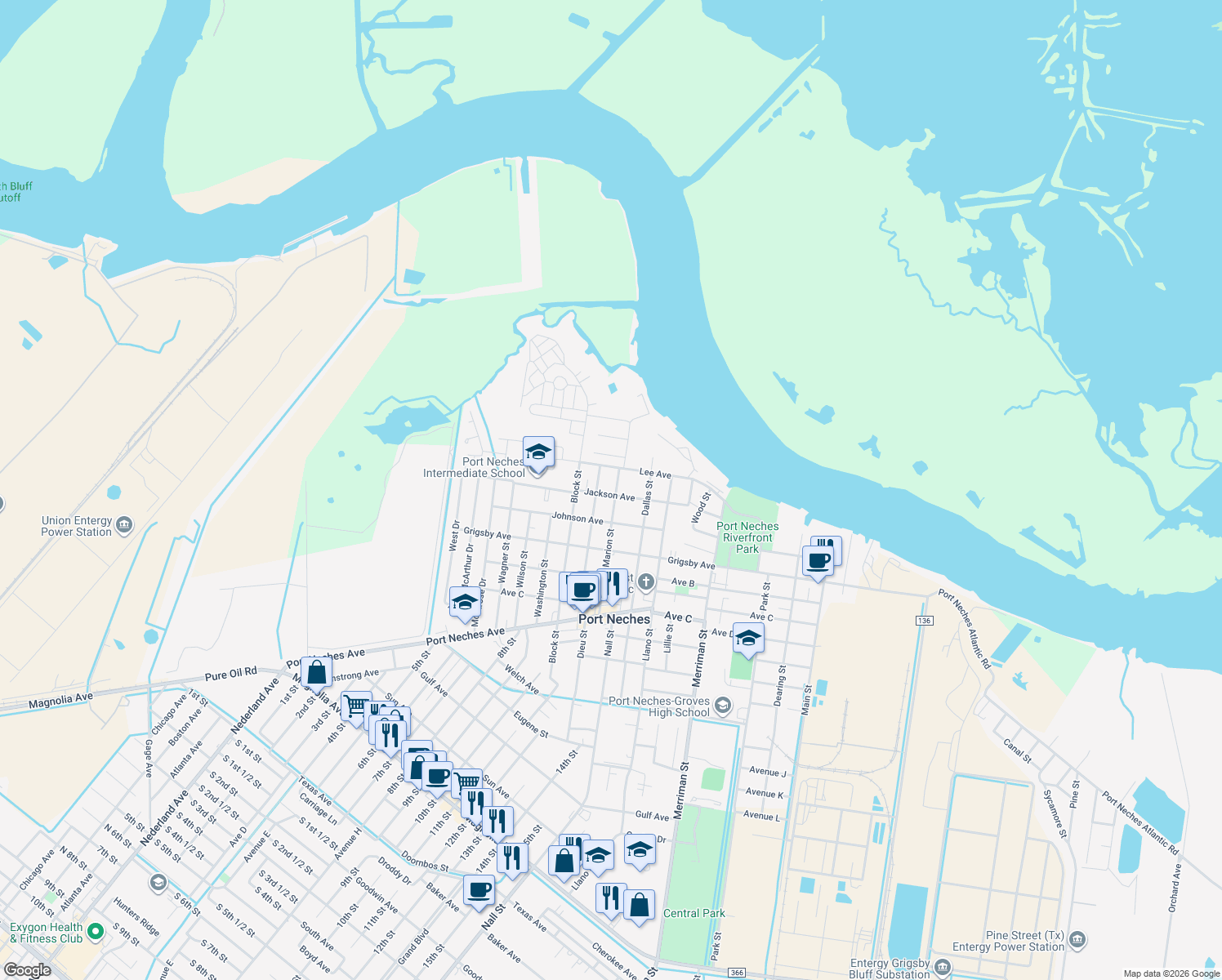 map of restaurants, bars, coffee shops, grocery stores, and more near 730 Marion St in Port Neches