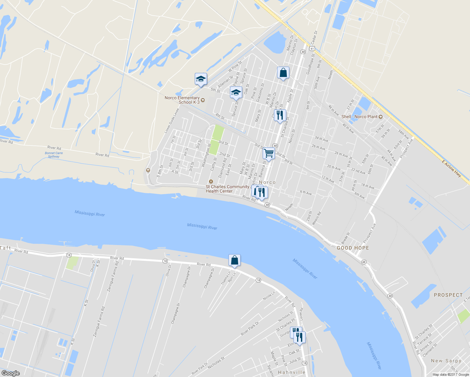 map of restaurants, bars, coffee shops, grocery stores, and more near 19 Mary Street in Norco