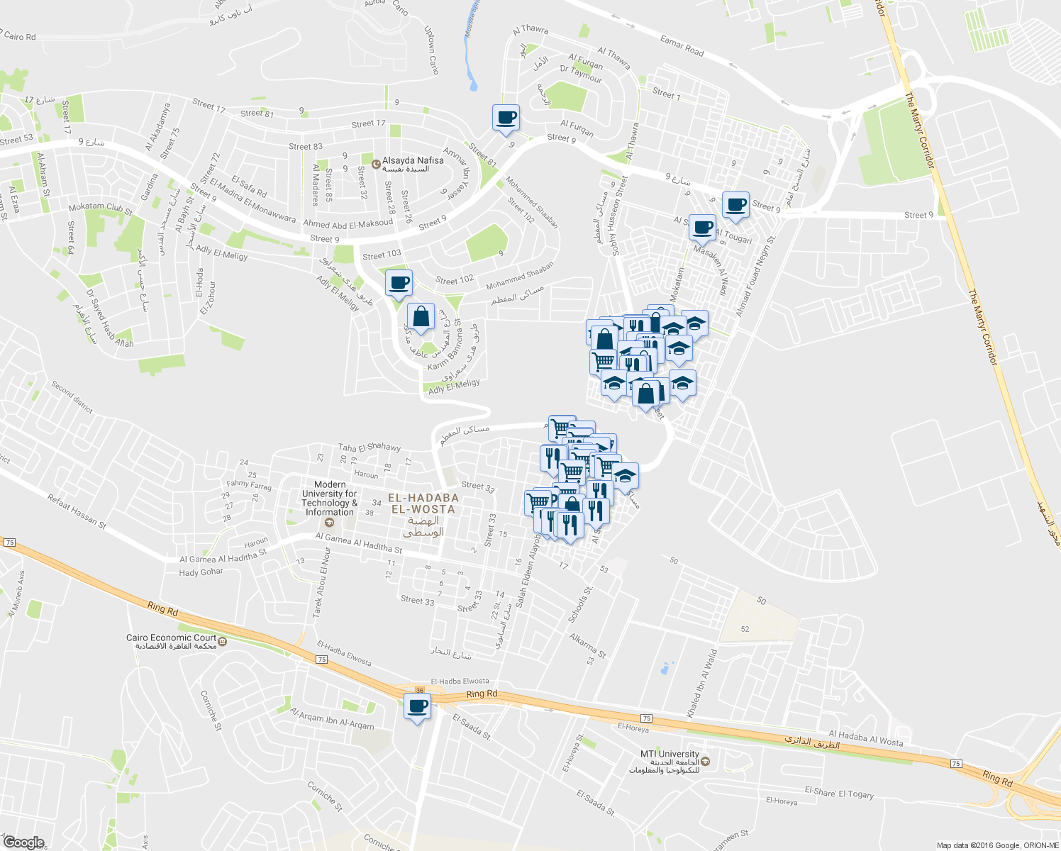map of restaurants, bars, coffee shops, grocery stores, and more near Masaken Al Mokatam in Qism El-Khalifa