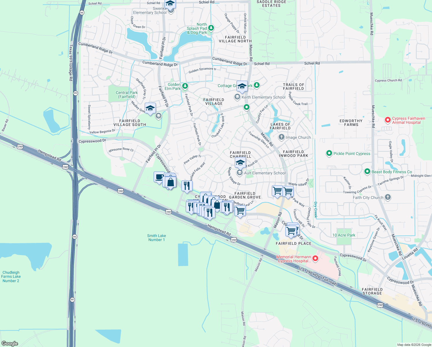 map of restaurants, bars, coffee shops, grocery stores, and more near 15418 Juniper Cove Court in Cypress