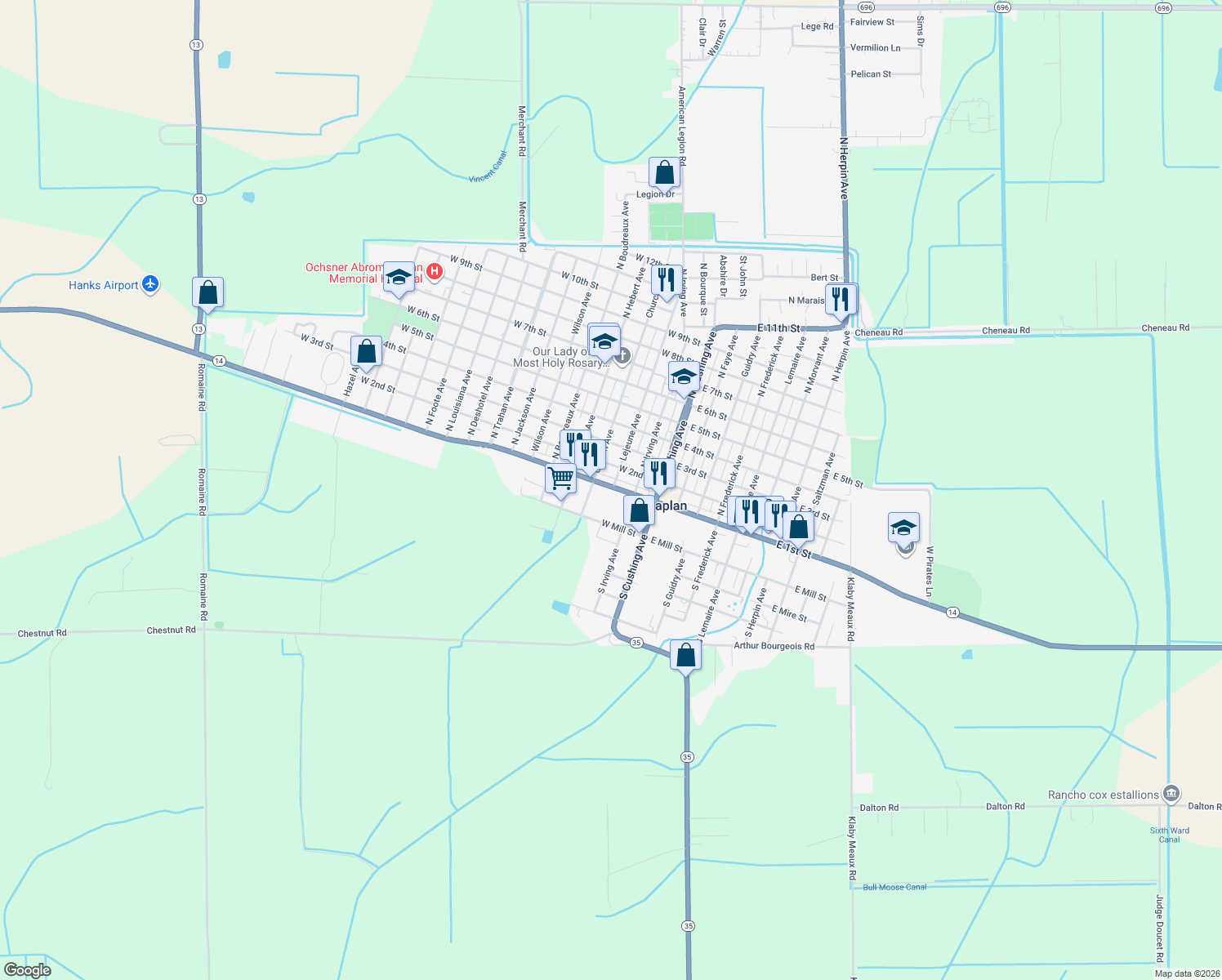 map of restaurants, bars, coffee shops, grocery stores, and more near 299 W Veterans Memorial Dr in Kaplan