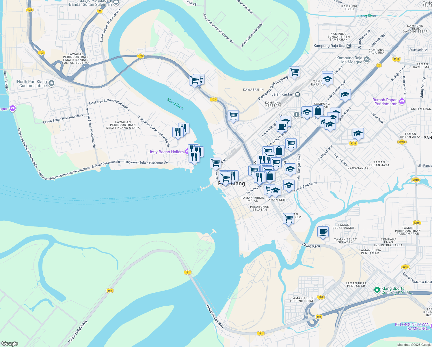 map of restaurants, bars, coffee shops, grocery stores, and more near Jalan Syahbandar in Port Klang