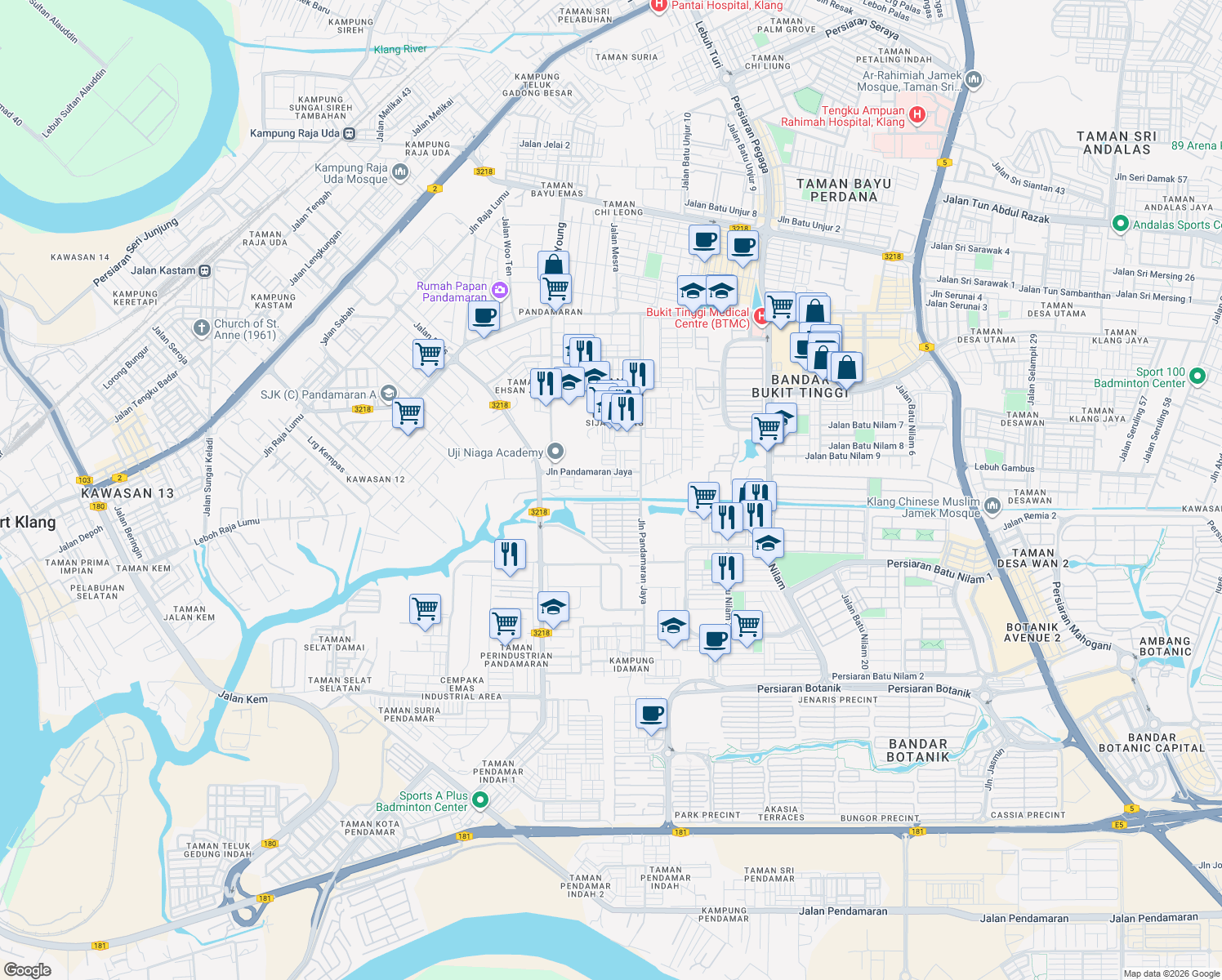 map of restaurants, bars, coffee shops, grocery stores, and more near Jalan Pandamaran Jaya 89 in Port Klang
