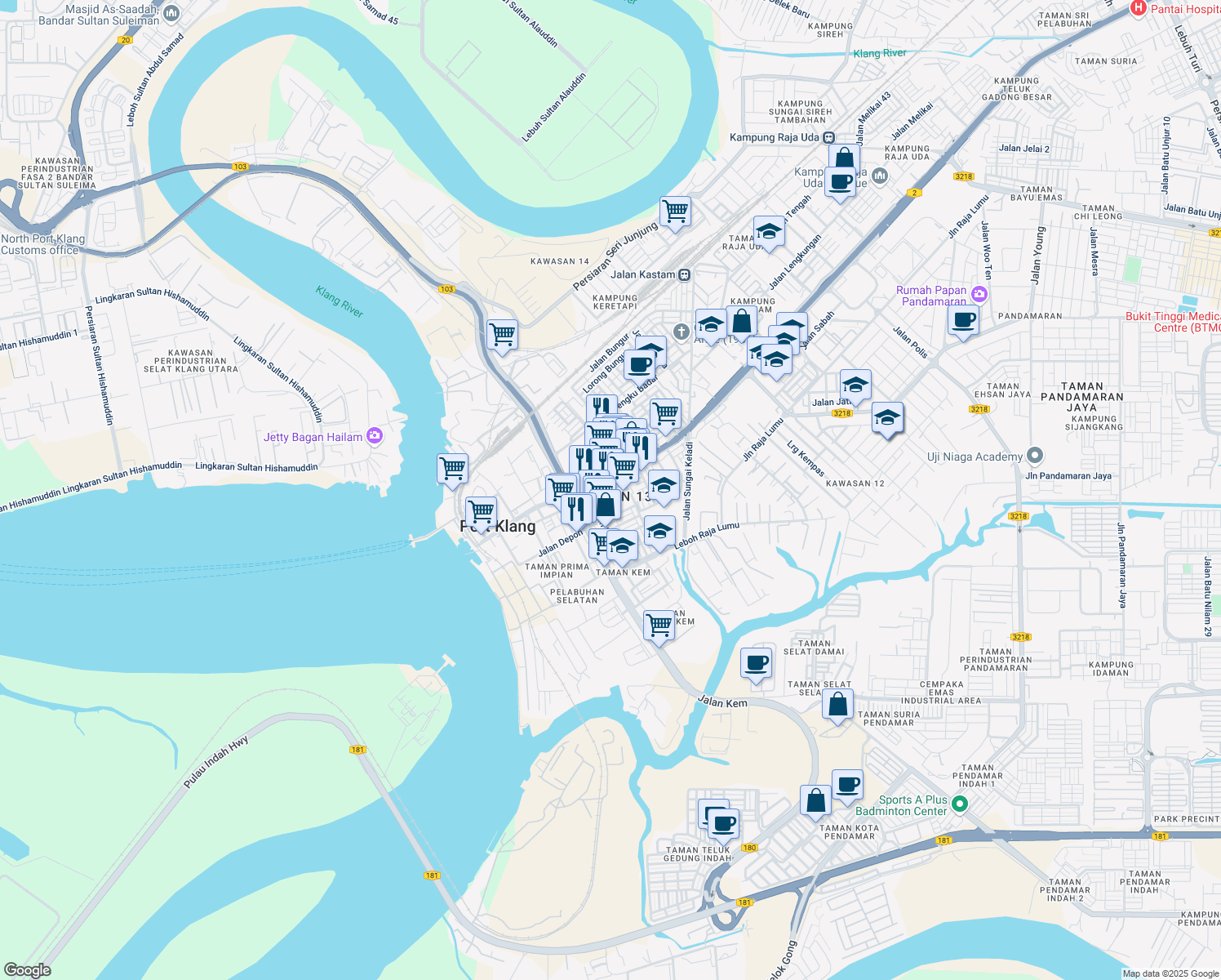 map of restaurants, bars, coffee shops, grocery stores, and more near 53 Jalan Cungah in Port Klang