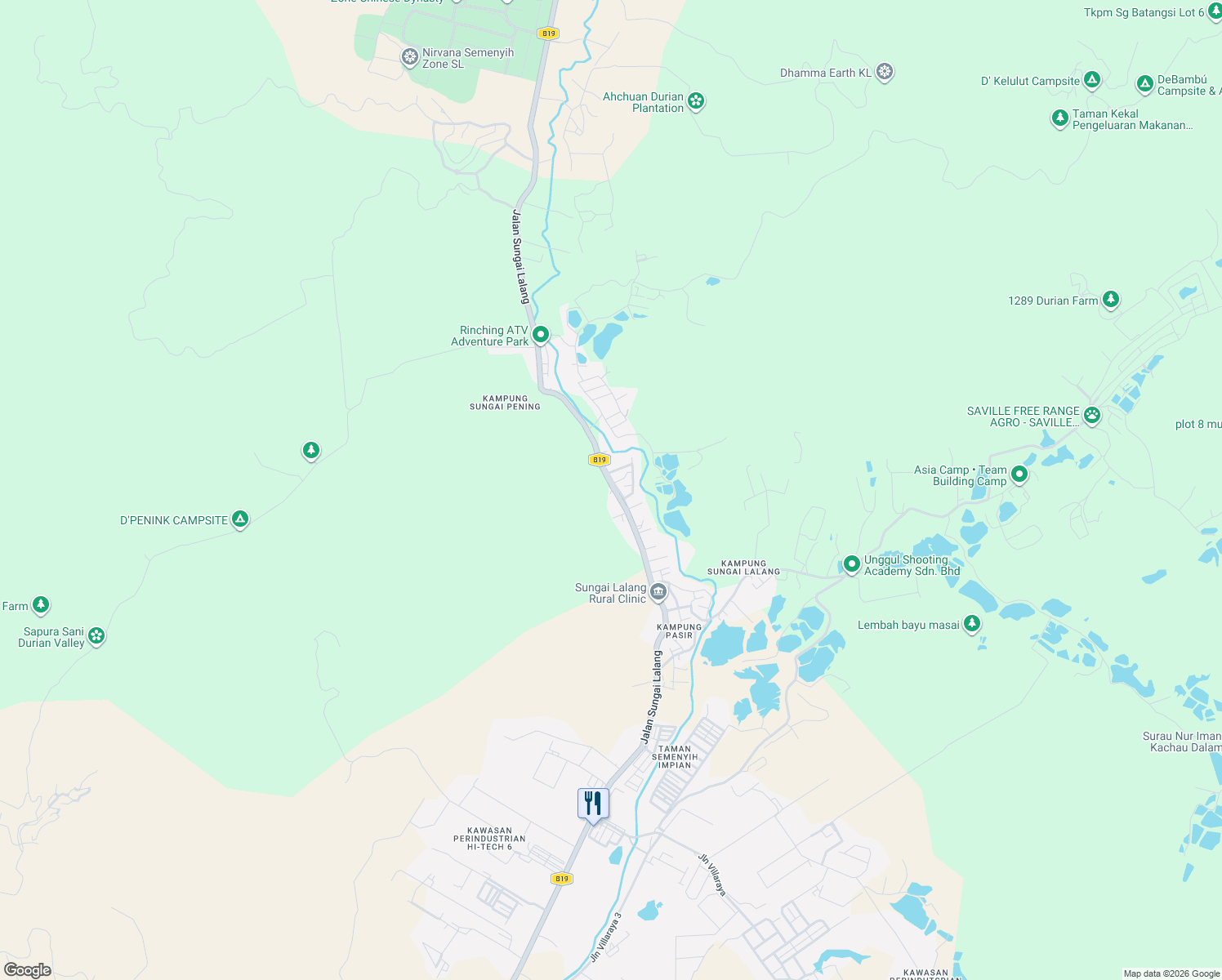 map of restaurants, bars, coffee shops, grocery stores, and more near Jalan Sungai Lalang in Semenyih